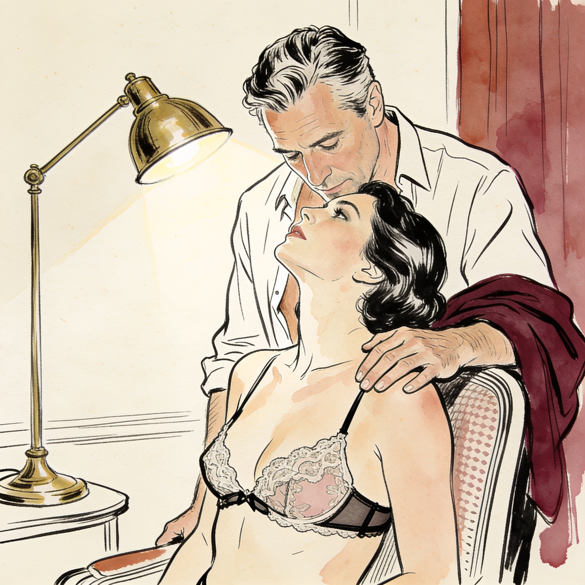 Intimate line-art of a couple in a dim hotel room, foreheads almost touching, a single ...