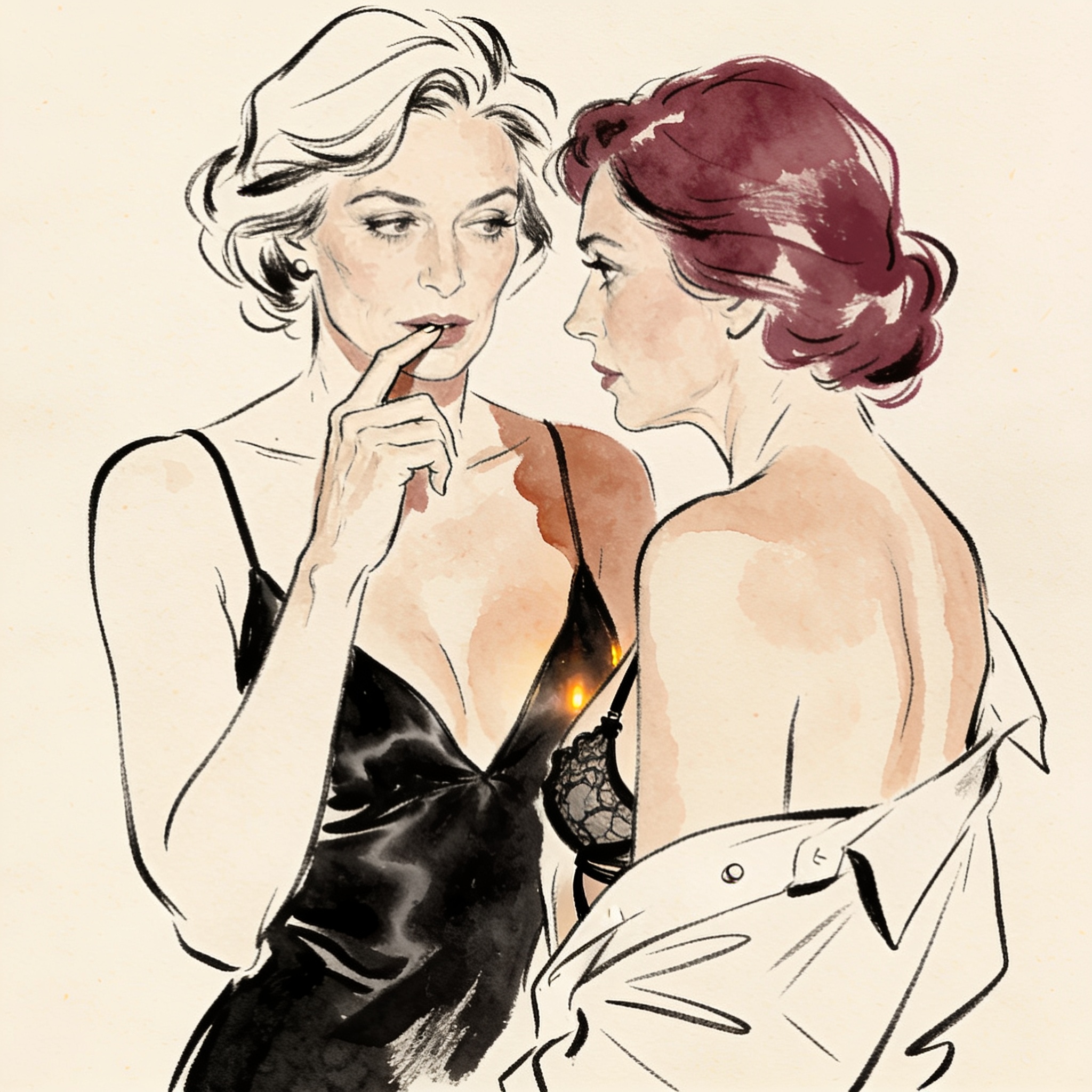 Two women in a dim bar, one’s gaze trails down the other’s décolletage, fingers at lips.