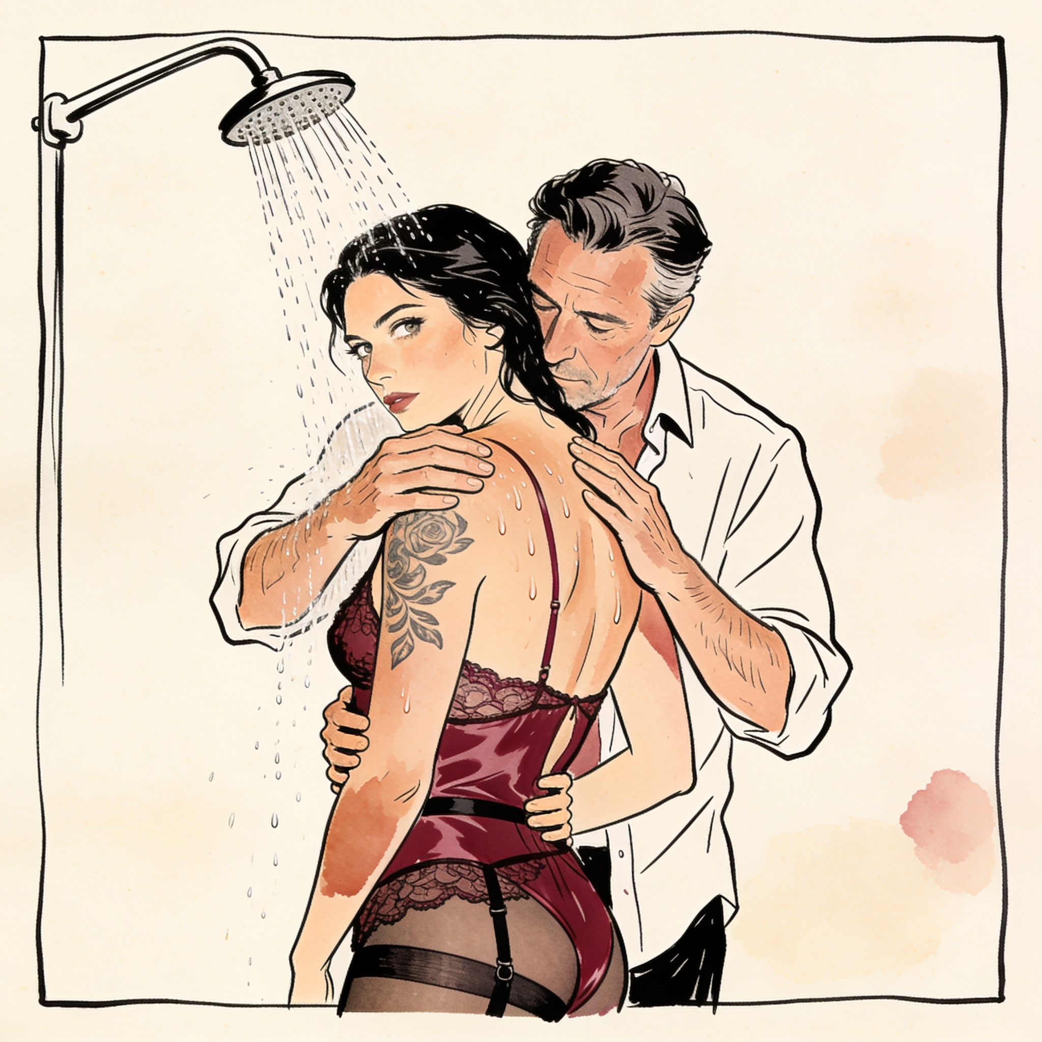 A man's hands on a woman's wet shoulders as she looks back, under an outdoor shower.