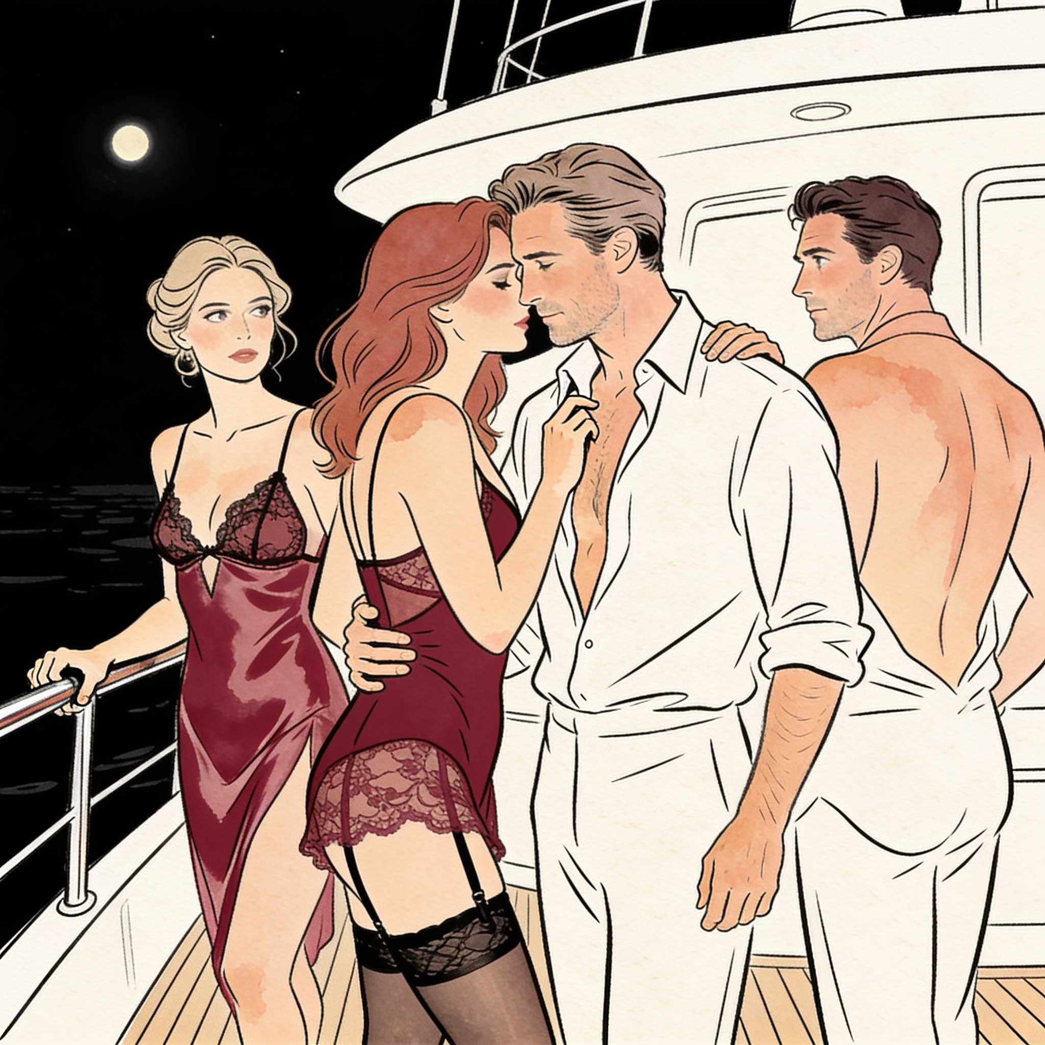 A couple watches as another woman touches the man's shirt collar on a yacht deck.