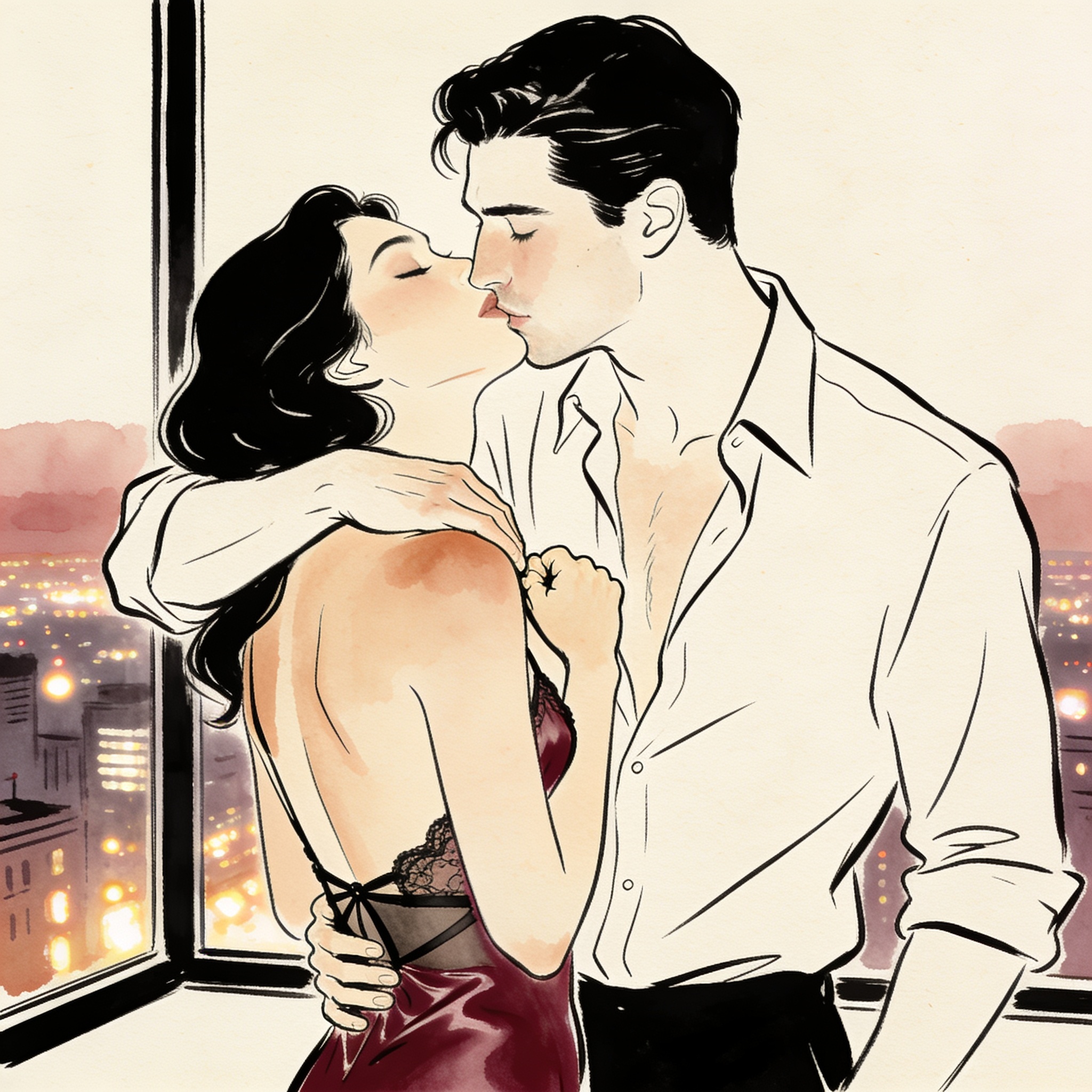 A man holds a woman from behind, lips near her shoulder, in a dark office overlooking a...