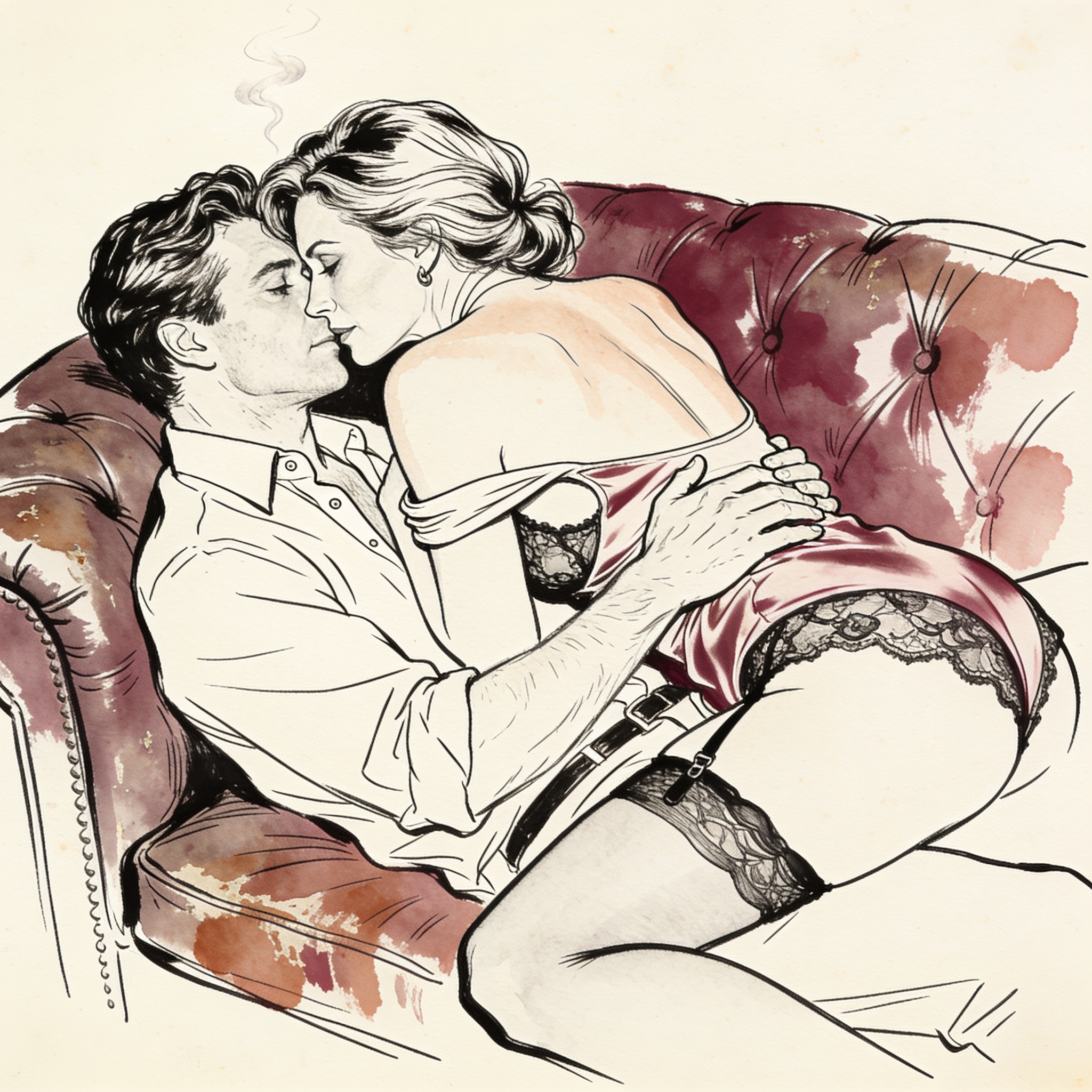 Line art of two women close together on a couch, a charged moment of intimate storytell...