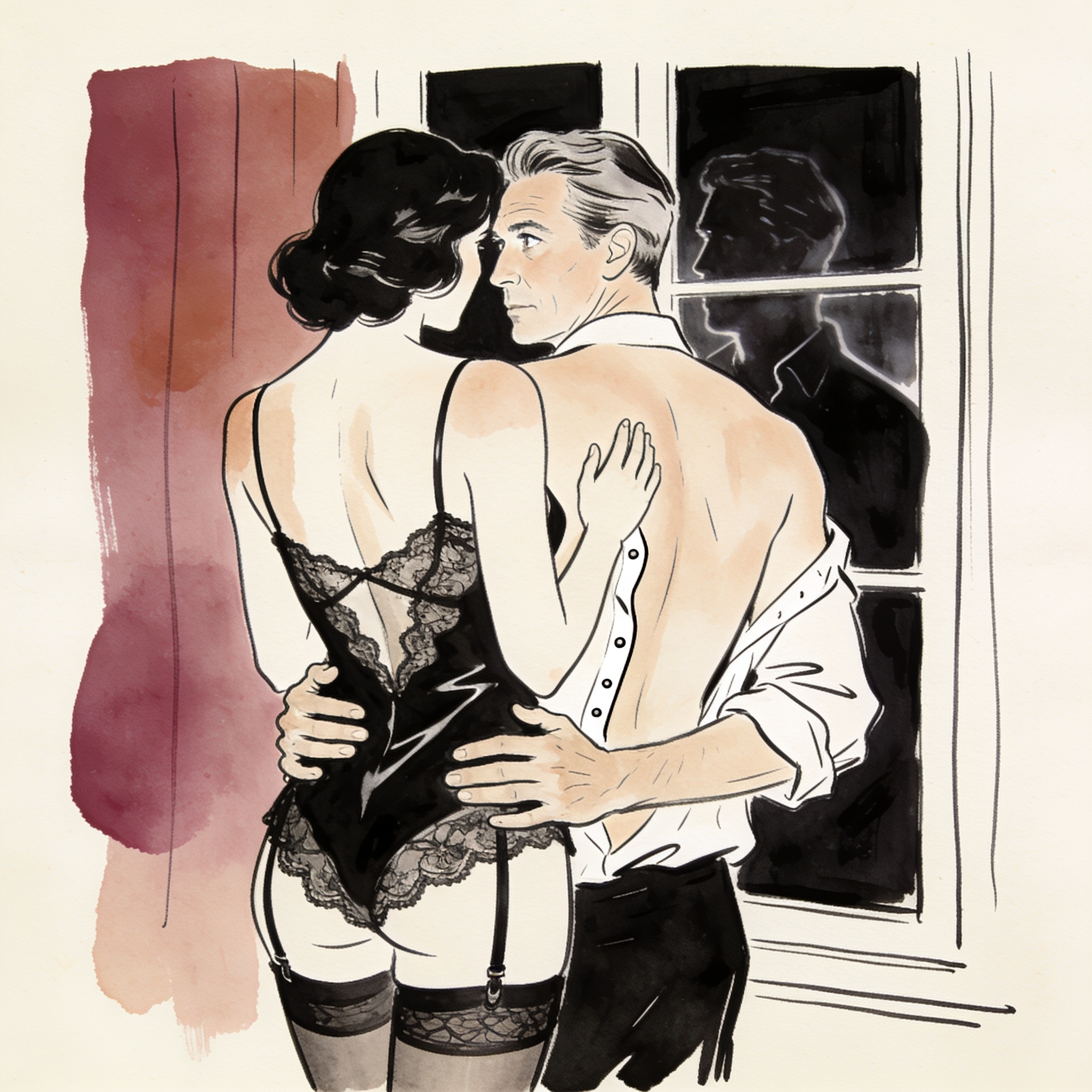 A woman in a chemise holds a man from behind, their intense gaze meeting in a window re...