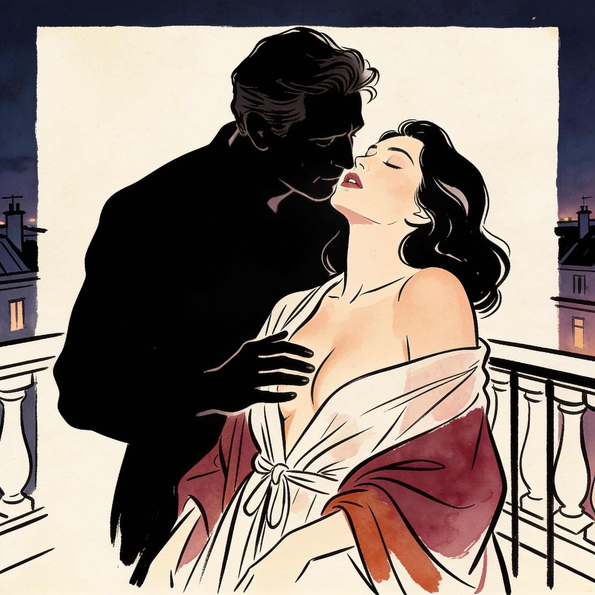 A man traces the curve under a woman's breast as they lie close on a terrace at dusk.