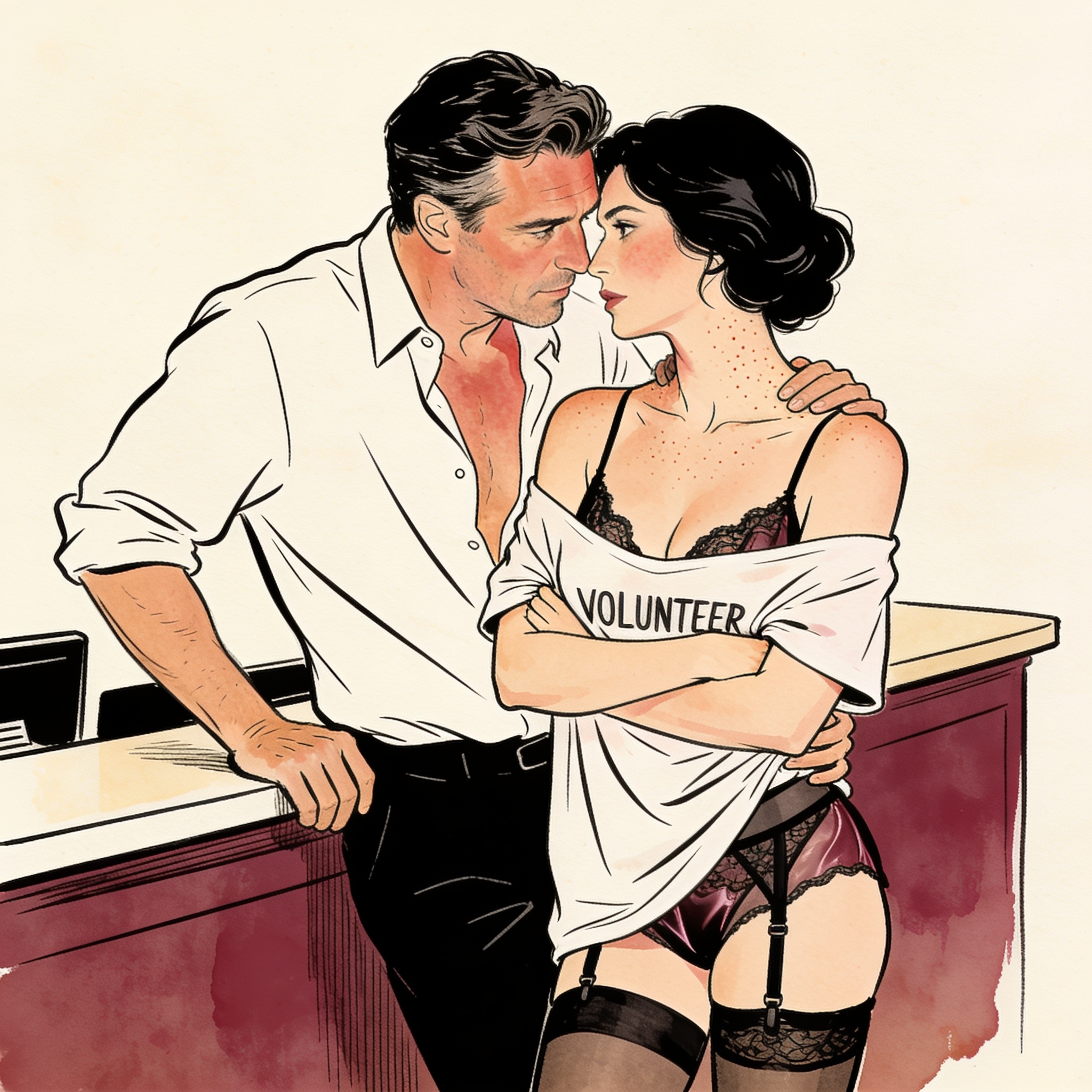 A man leaning close, watching a flustered woman cross her arms in an oversized shirt.