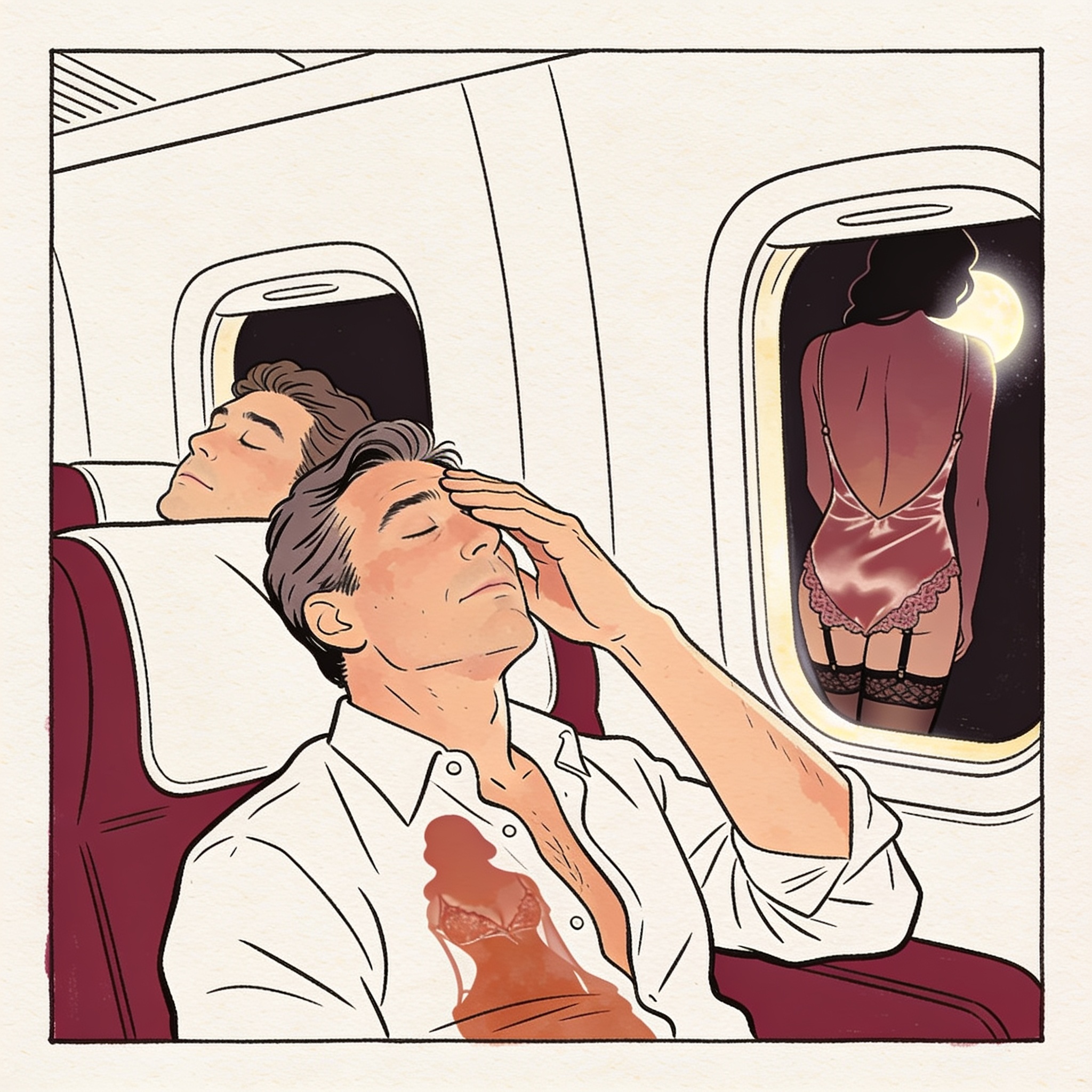 Man on plane, tormented by memory of a woman in lingerie.