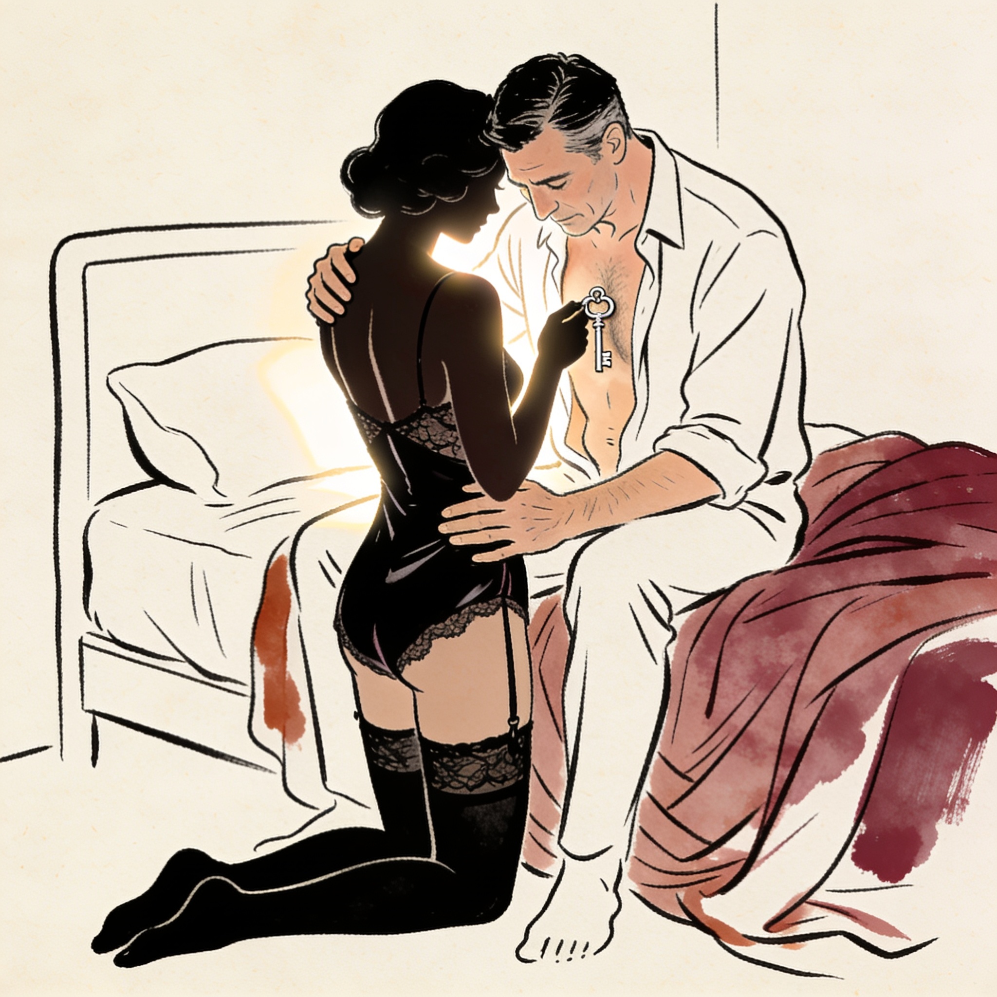 A kneeling woman holds a key against a seated man's chest in a softly lit bedroom.
