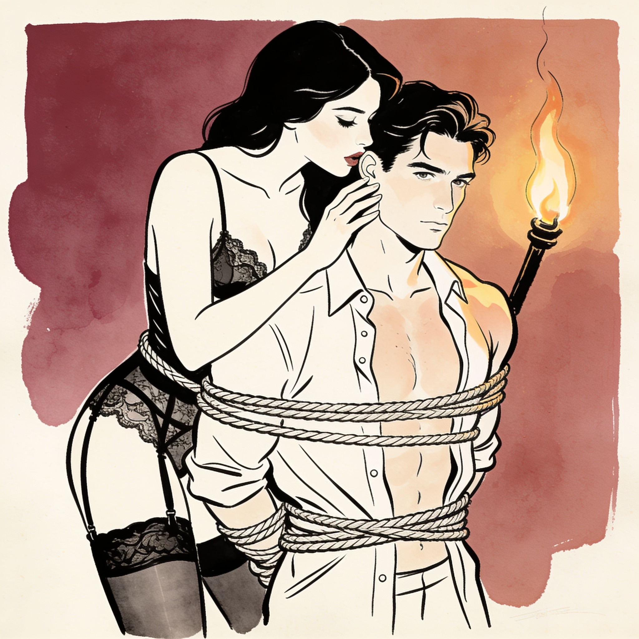 Intimate line art of a bound man and a woman in lingerie whispering, foreheads touching.
