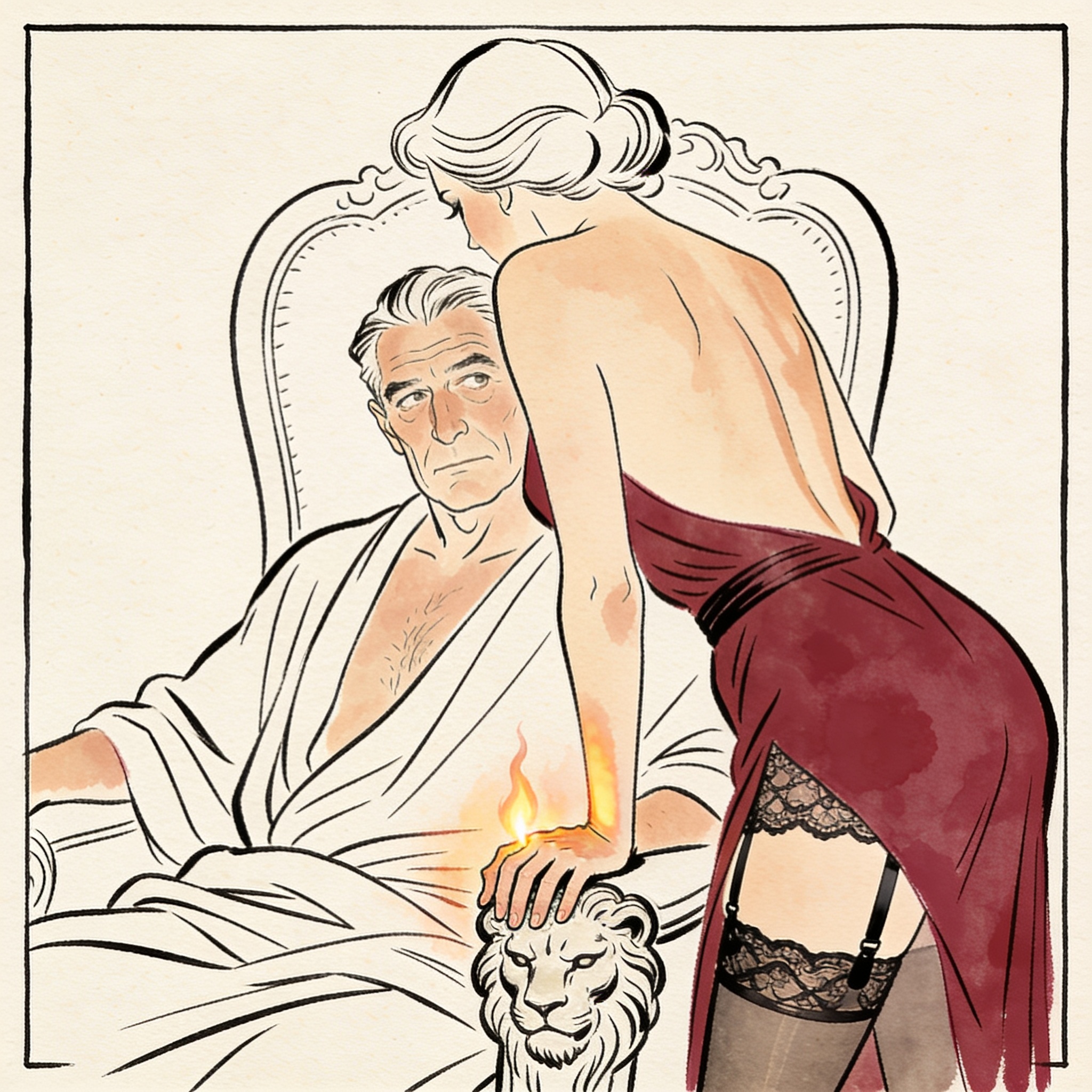 Close-up: a woman in lace lingerie leans near a man's hand on a carved chair, firelight...