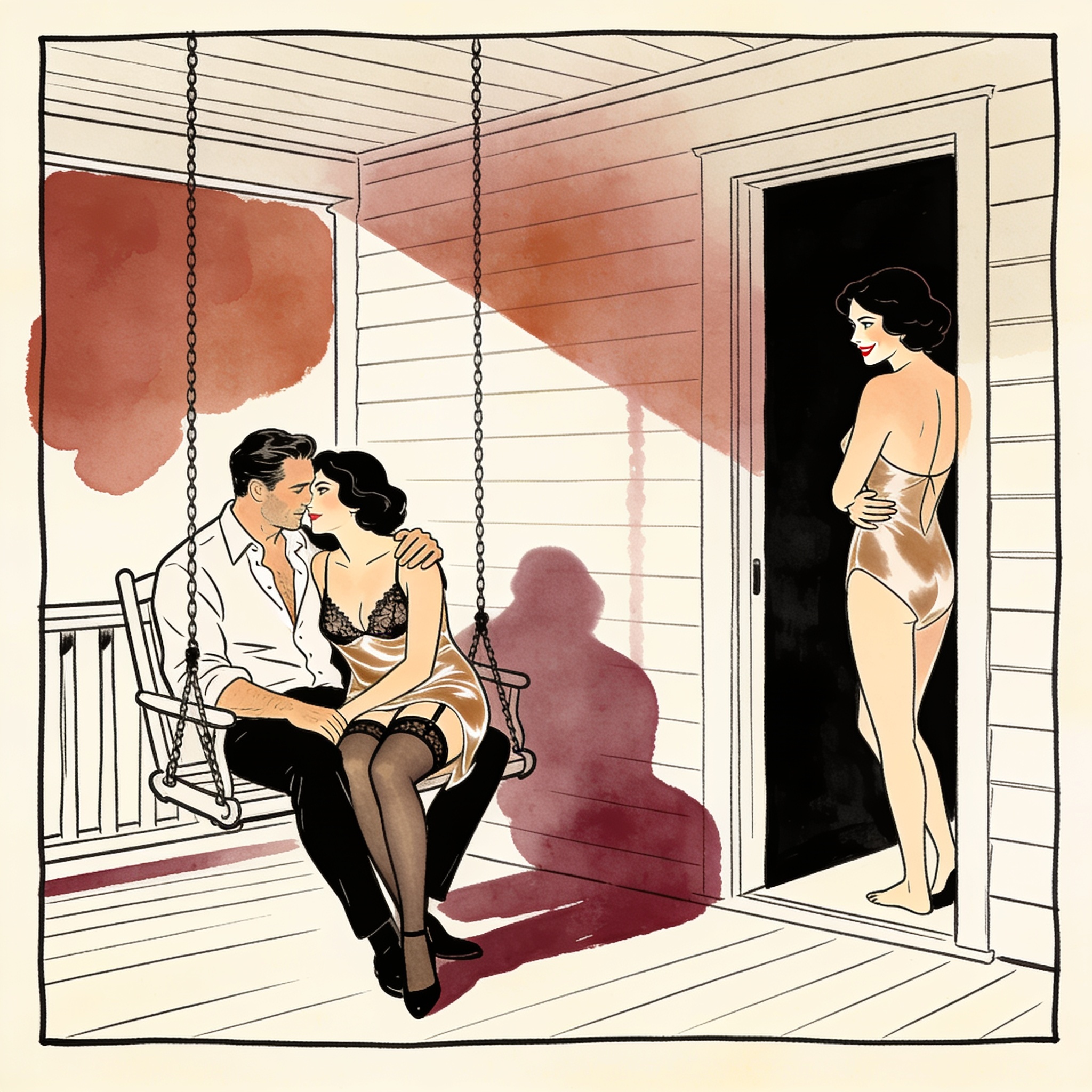 A man and woman on a swing are watched by another woman from a doorway.