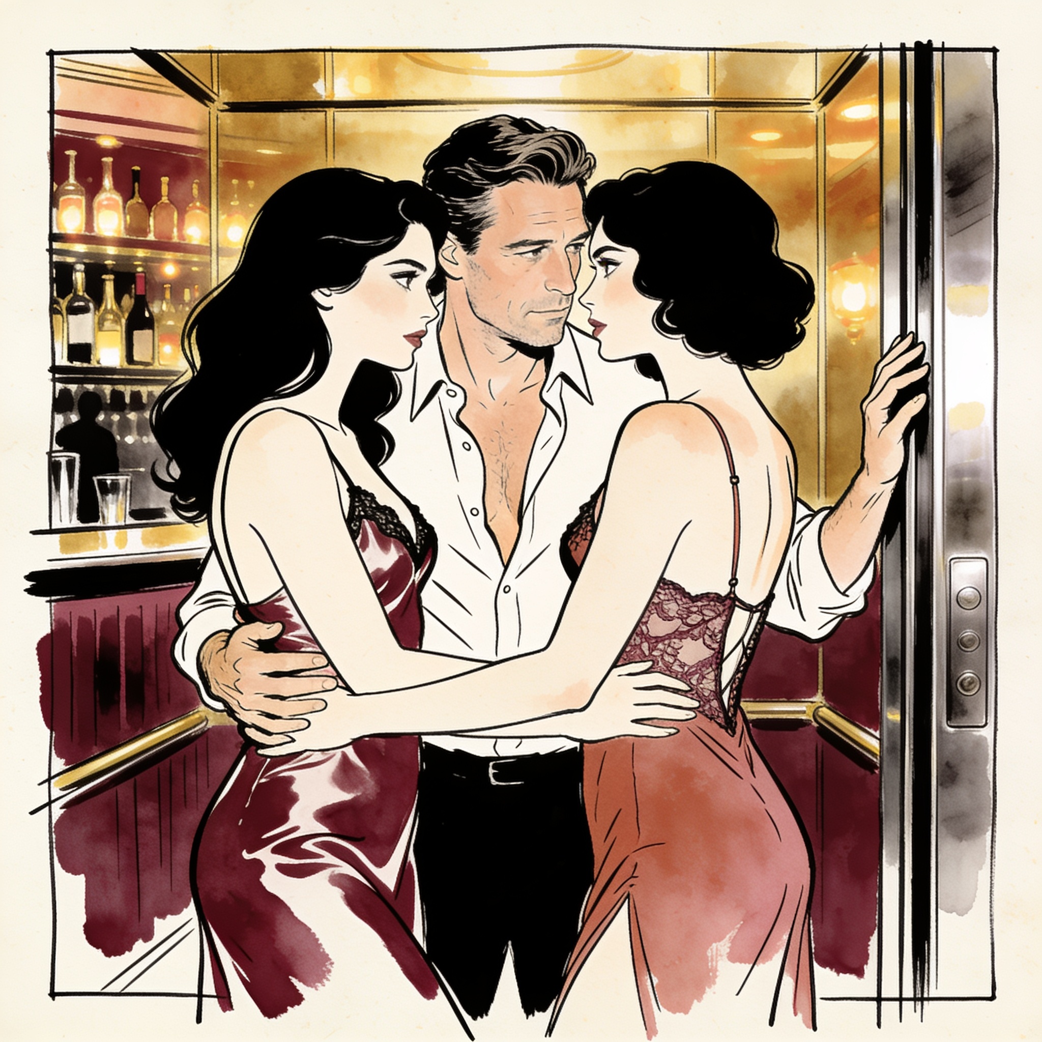 A man stands intimately close to two women in a glamorous, golden-lit bar.