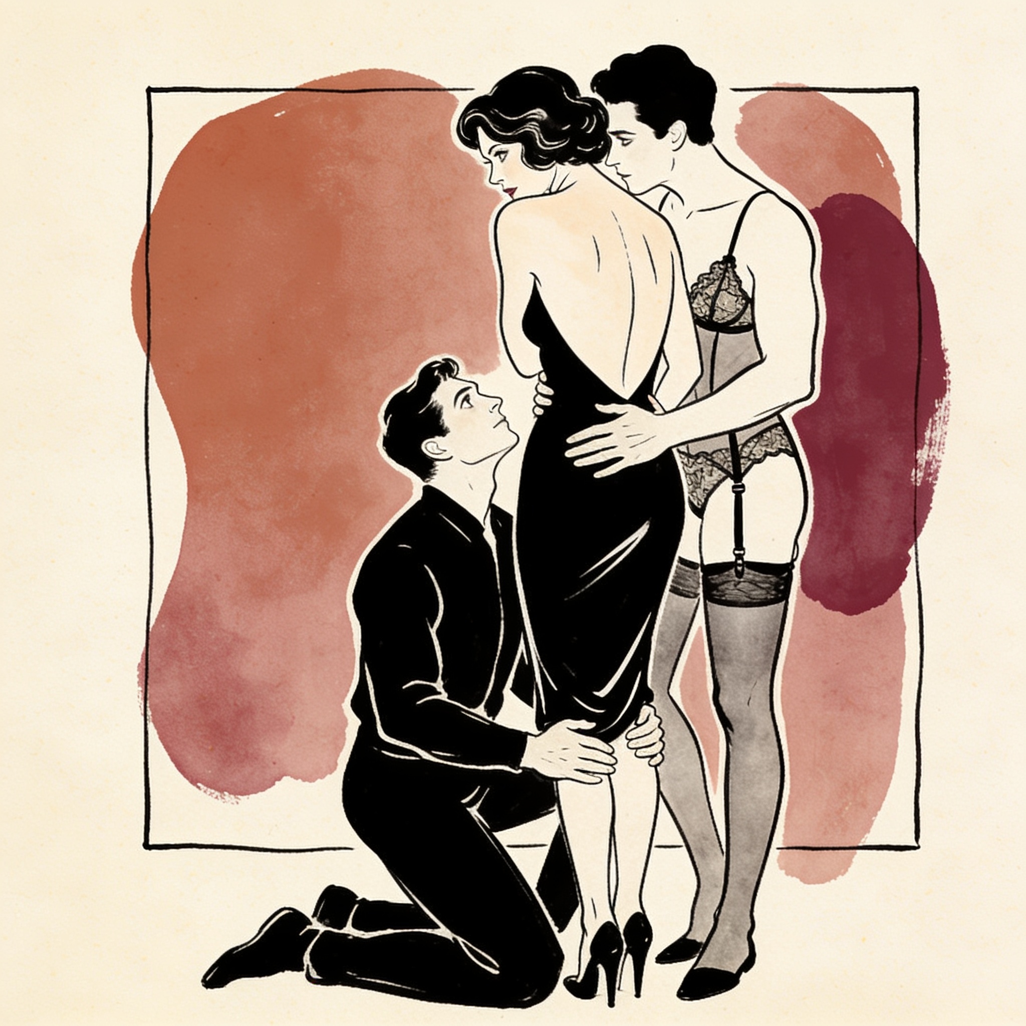 Woman in a dress between two men in a modern room, a moment of charged tension.