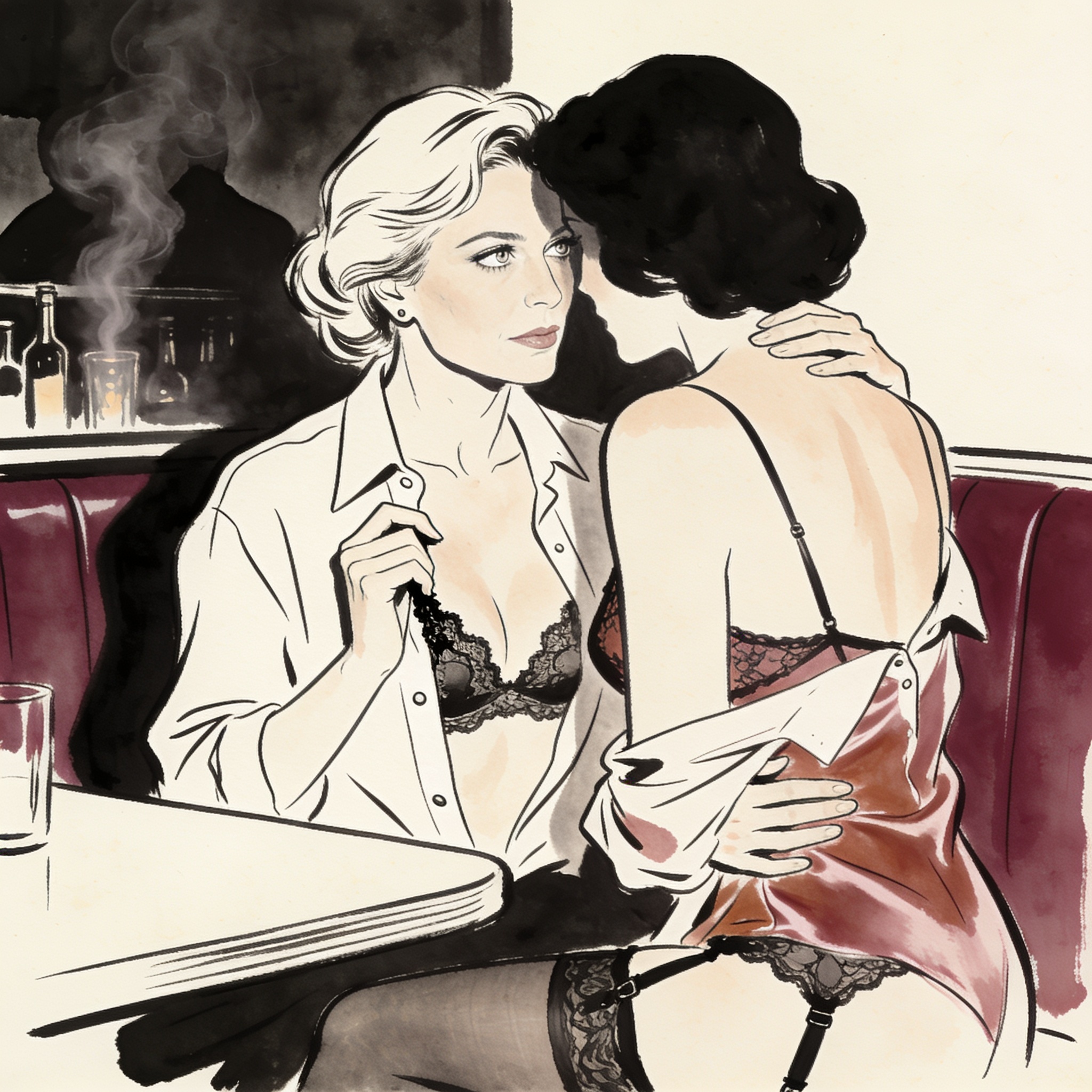 A woman glances across a dim bar, fingers at her open shirt, gaze intense.