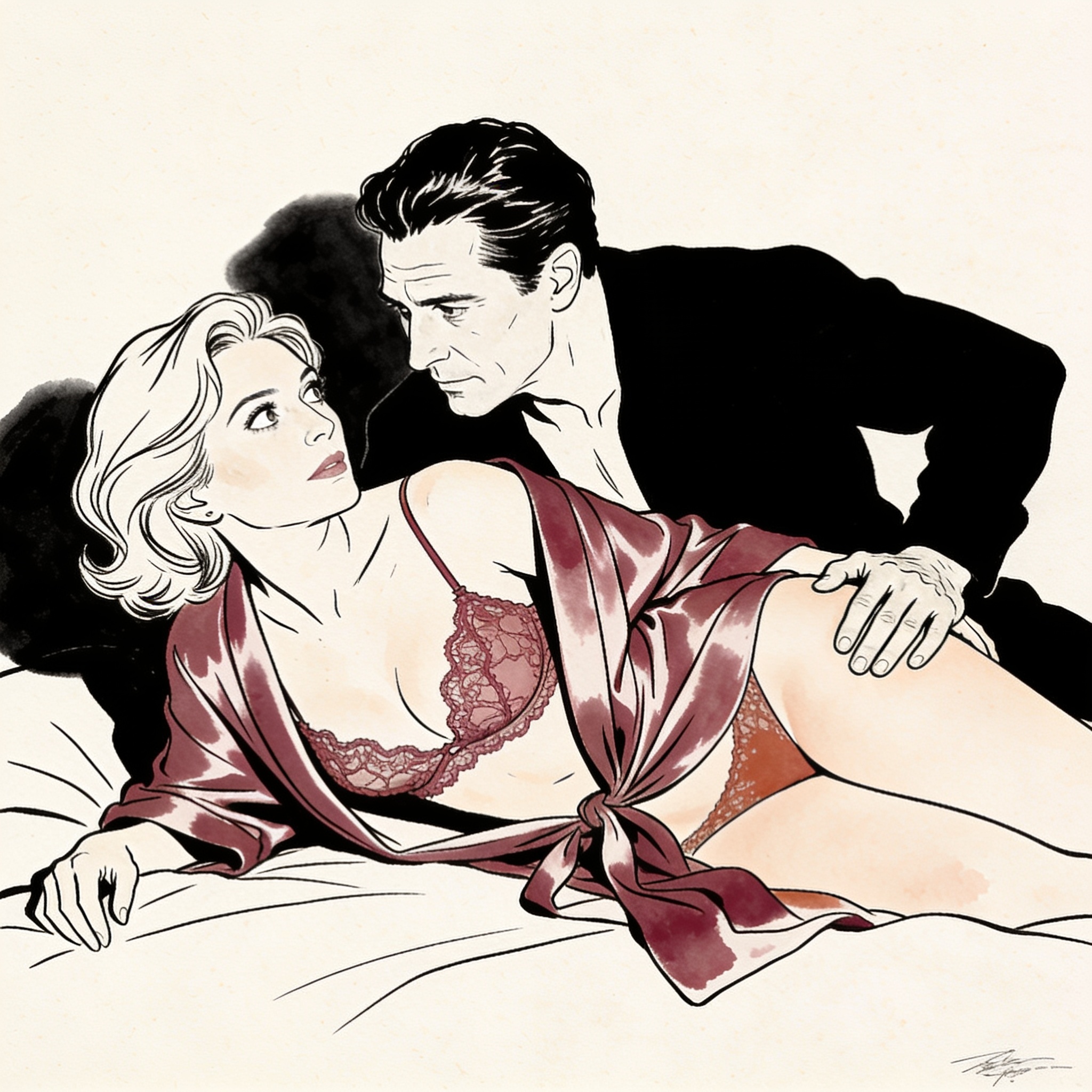 A woman looks back, startled, as a man's hand rests on her bare skin in a dim room.