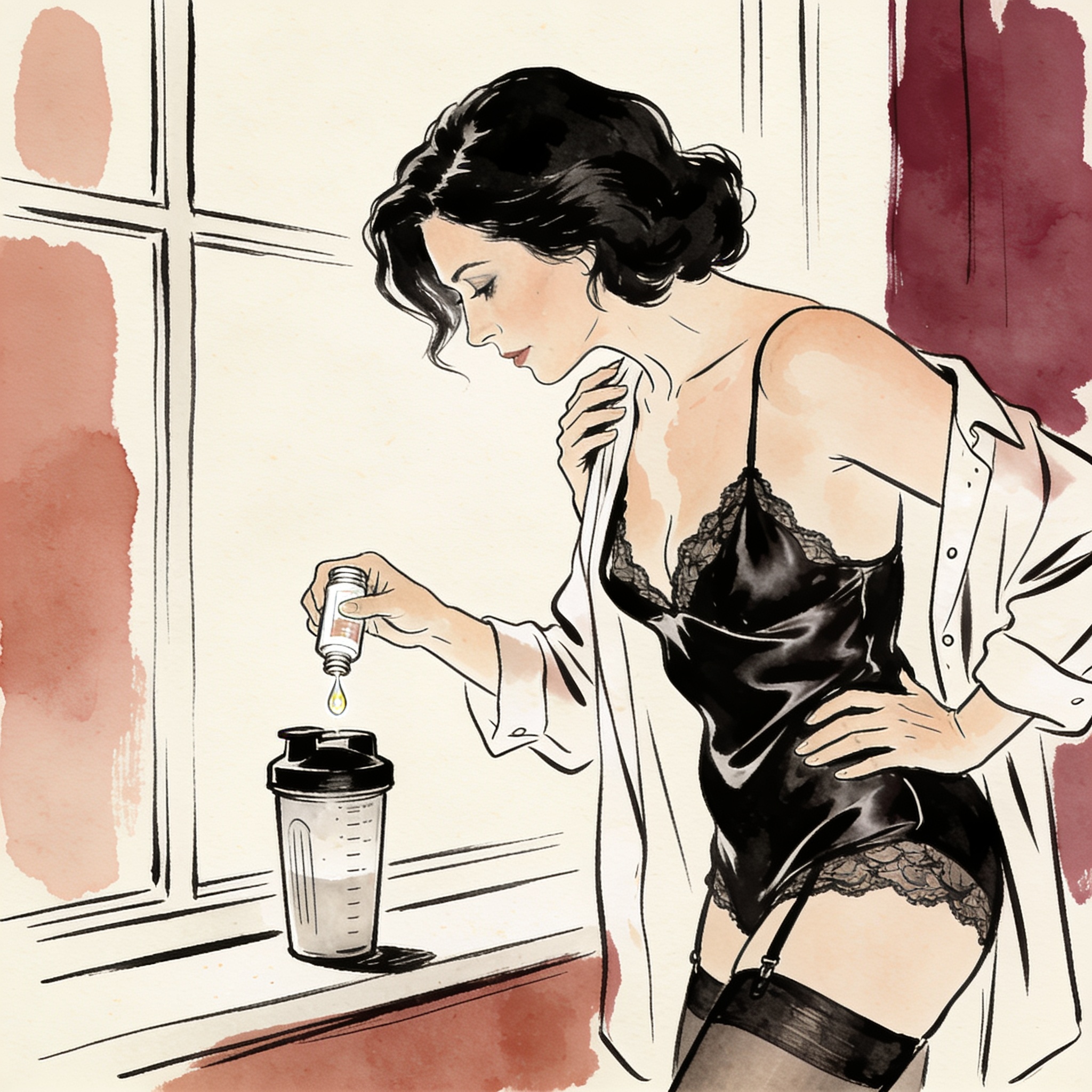 Woman adds a glowing drop to a drink, her silk slip strap falling, a charged moment of ...
