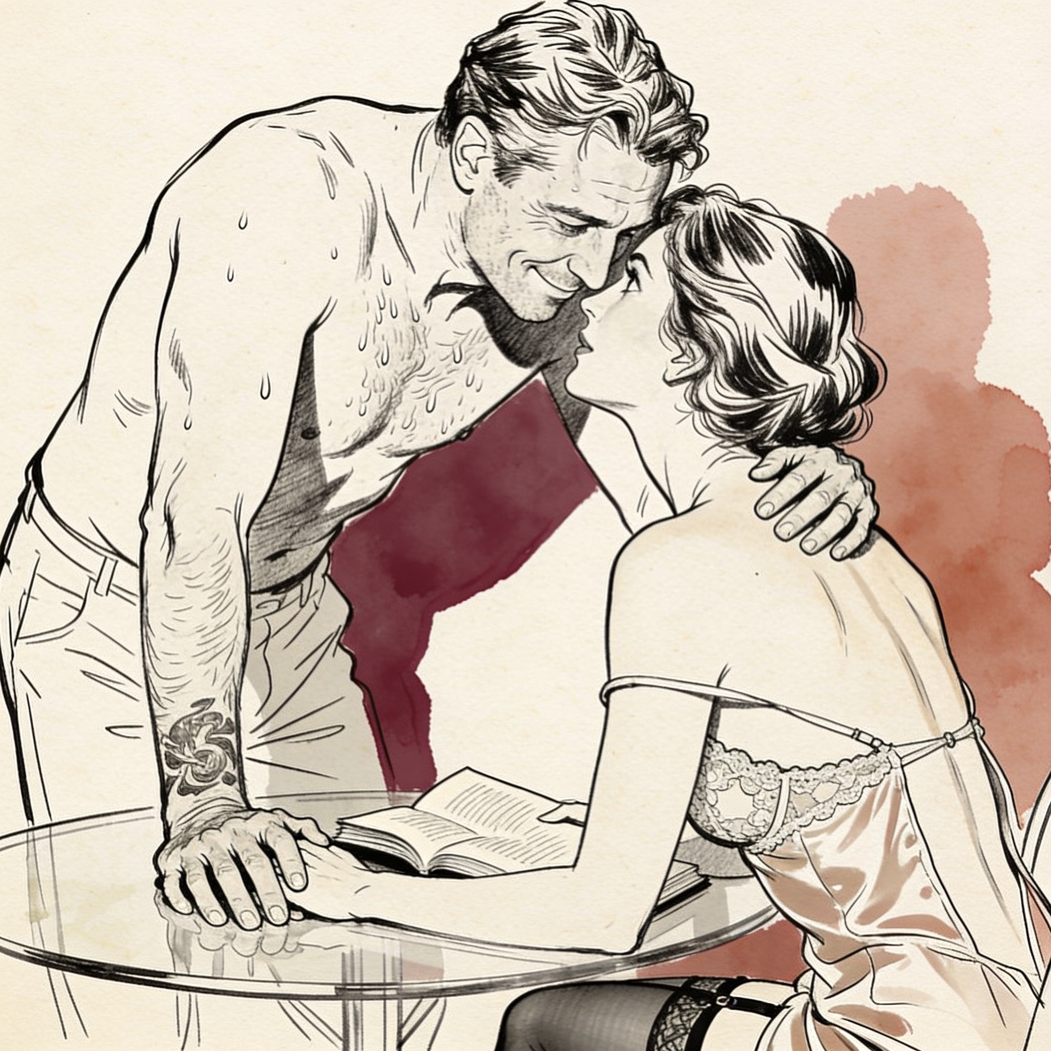 A man leans over a table toward a woman, their hands nearly touching as they exchange a...