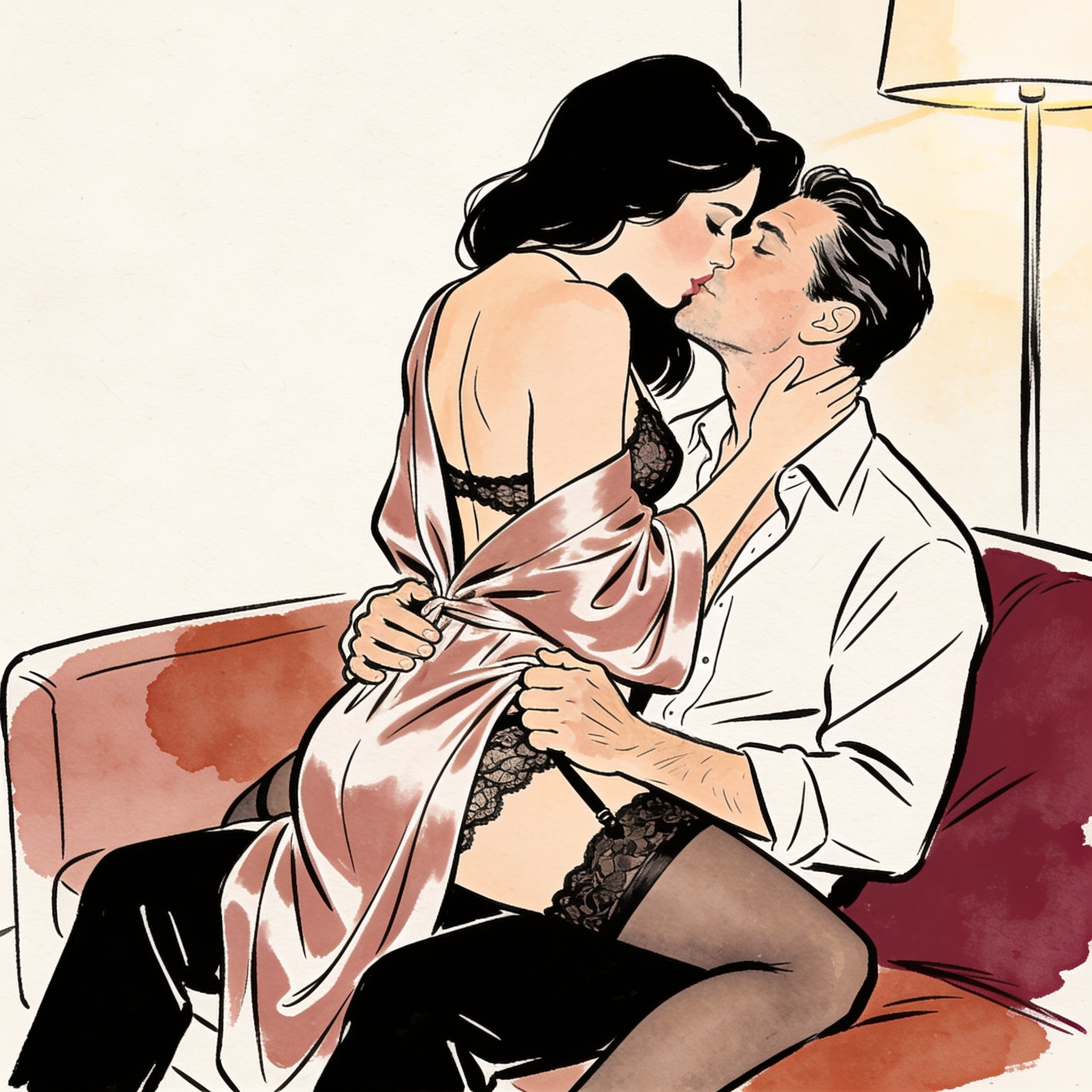 A couple shares an intimate, passionate kiss, bodies close in a warmly lit room.