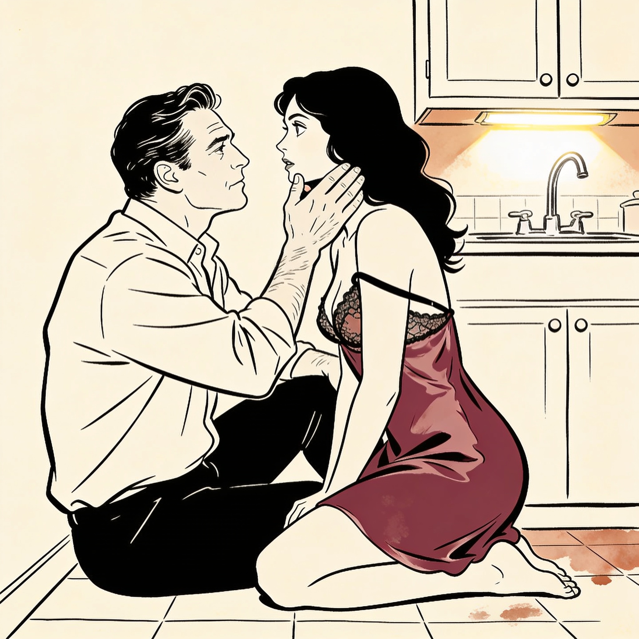 A man guides a kneeling woman's face close to his, her dress slipping off her shoulder.