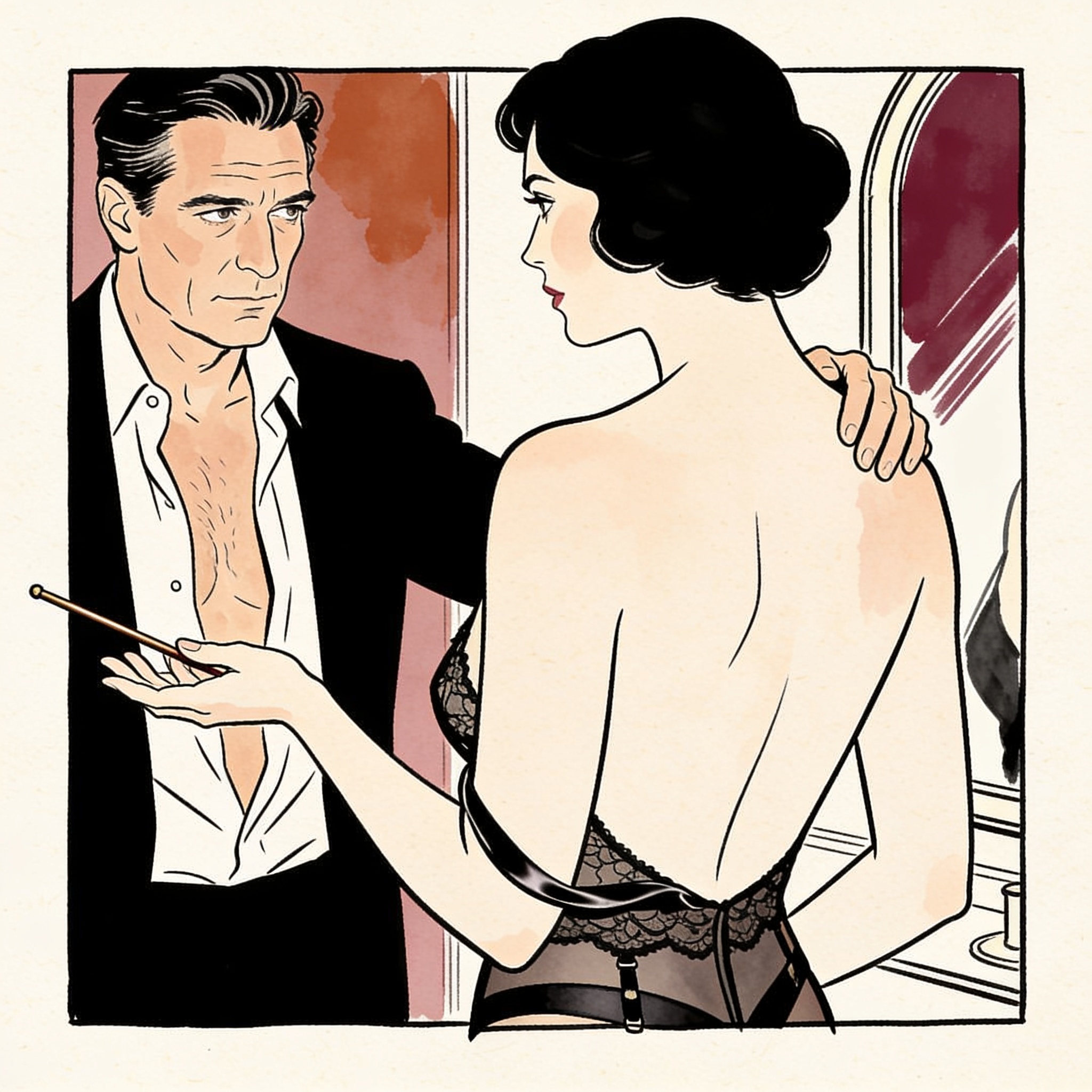 A couple holds a vibrator together, their gazes locked in a mirror, tension palpable.