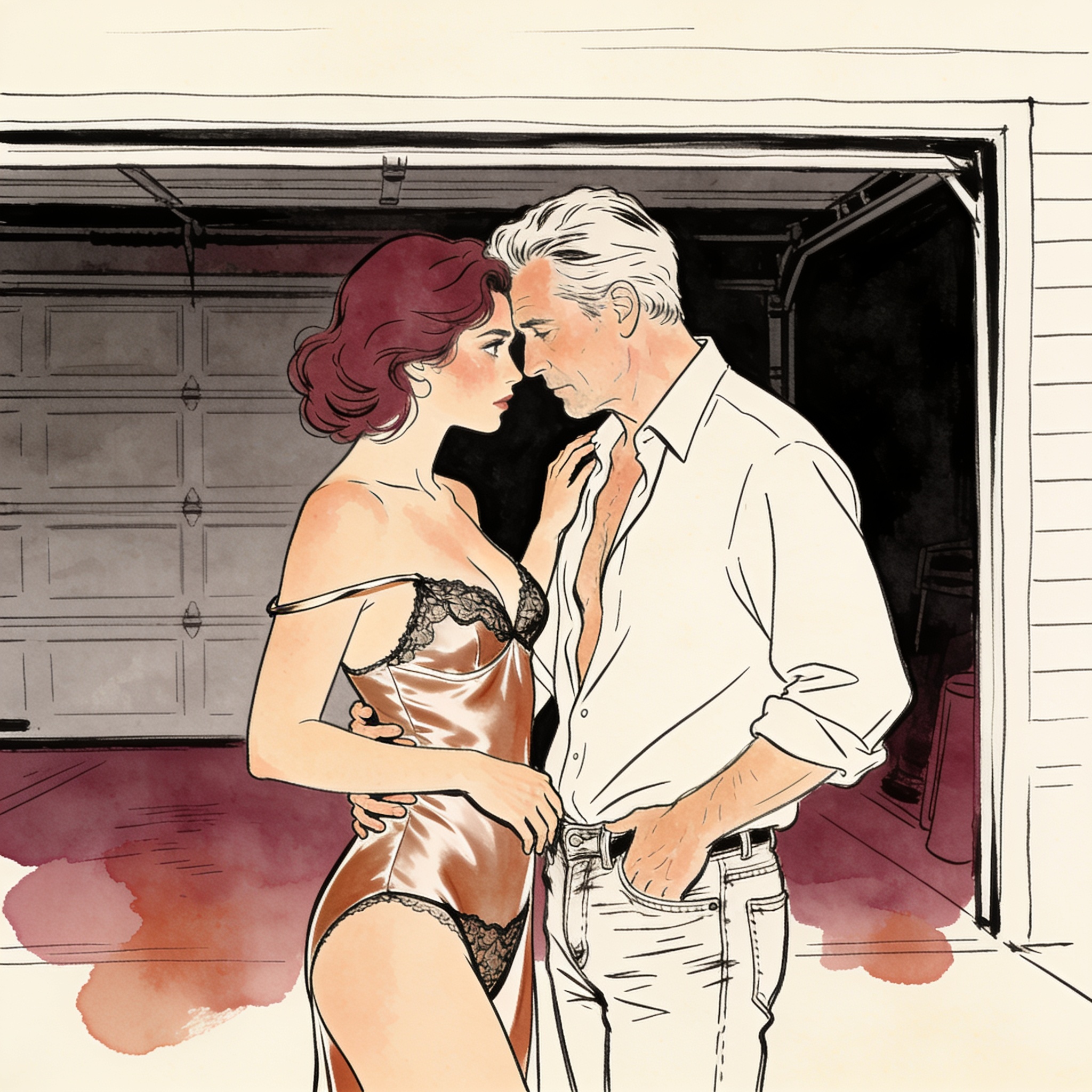 Woman in silk slip leans close to man in garage, her gaze fixed on his undone jeans.