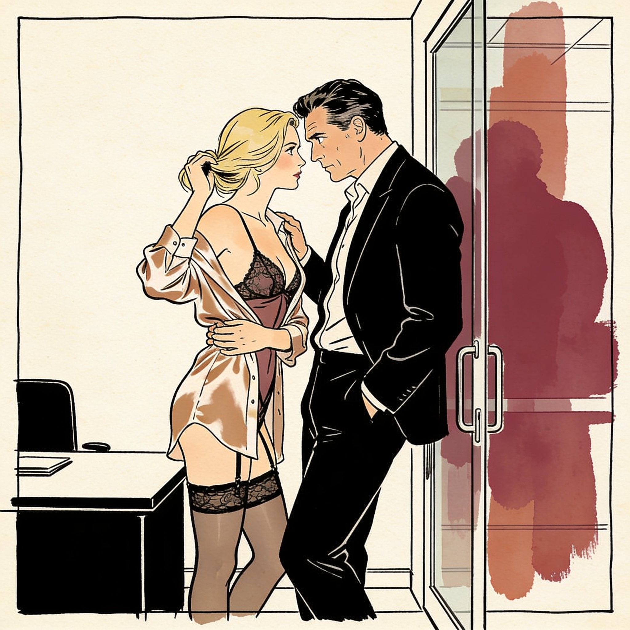 Man and woman share a charged glance in a modern office, tension palpable.