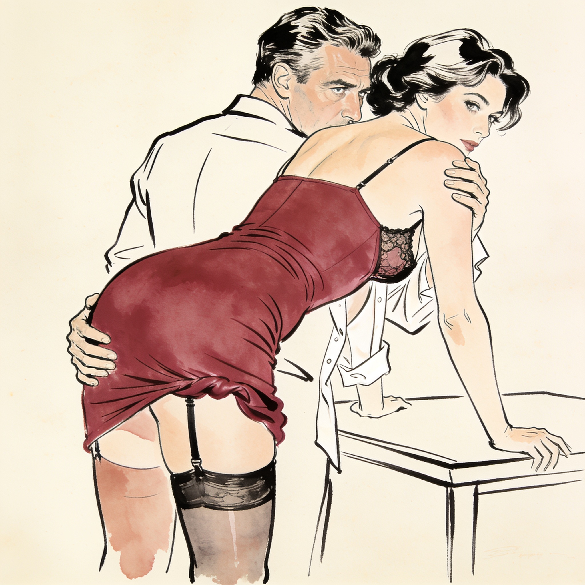 A woman bends over in a red dress, a man watches intently.