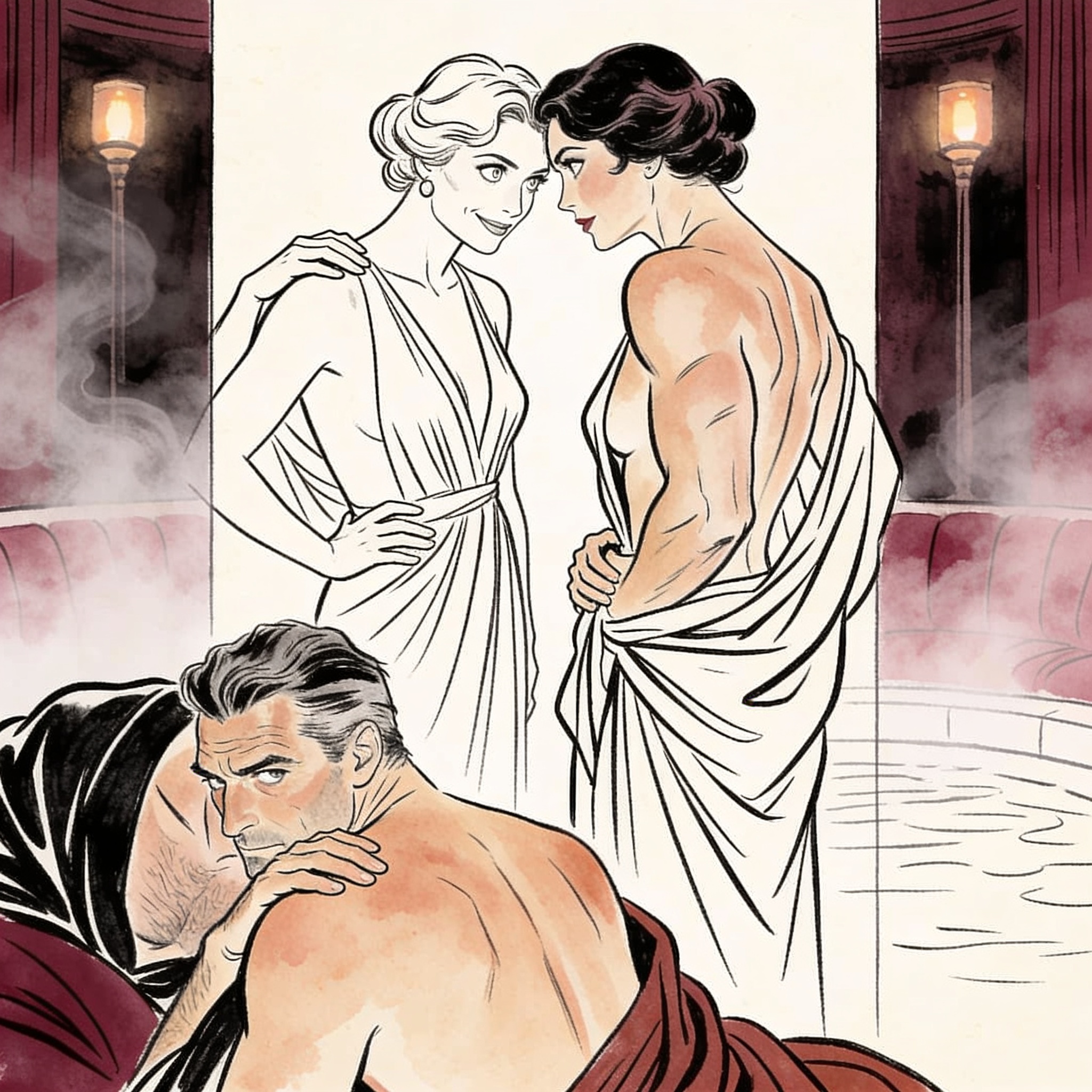 Two women exchange a long, knowing gaze in a steamy spa lounge, a man watching from nea...