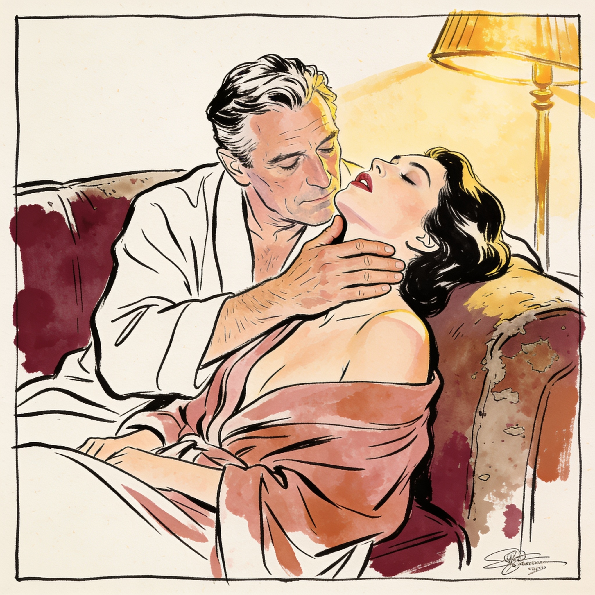 Woman on couch, throat gently cradled by a man's hand.