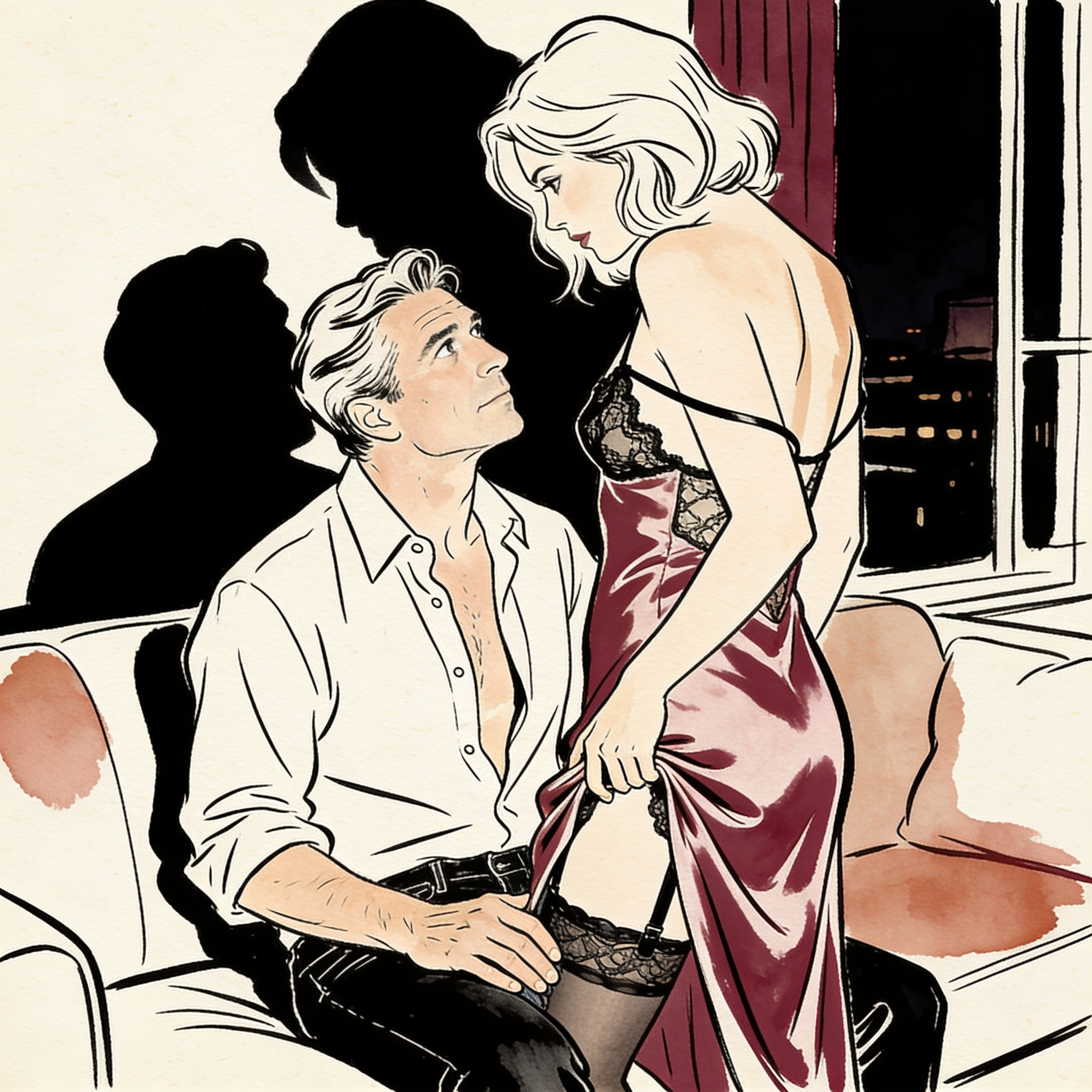 A couple shares an intense gaze as her slip slips off her shoulder, their hands close o...