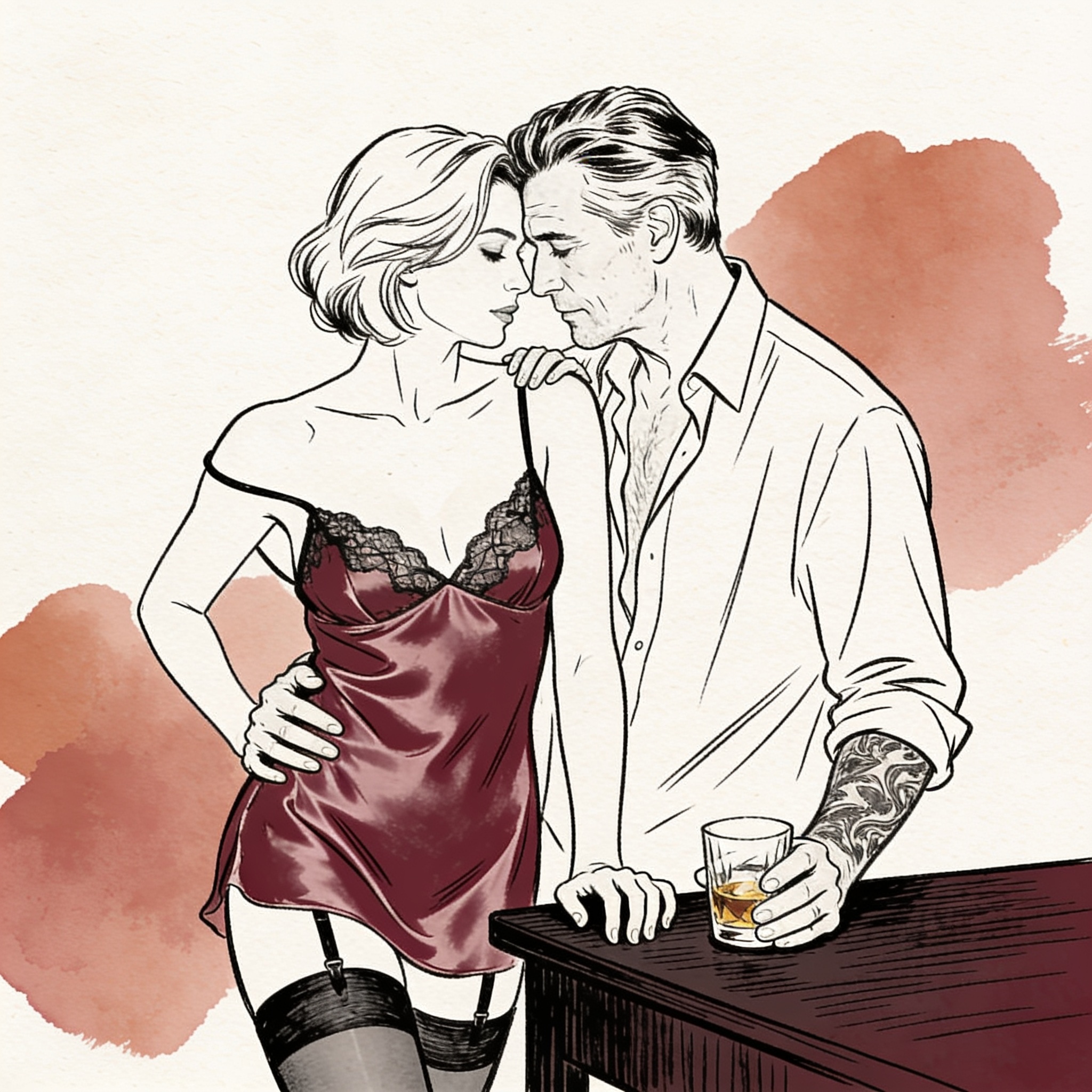 A man and woman in a tense, close embrace by a desk, their faces near, her shoulder bare.