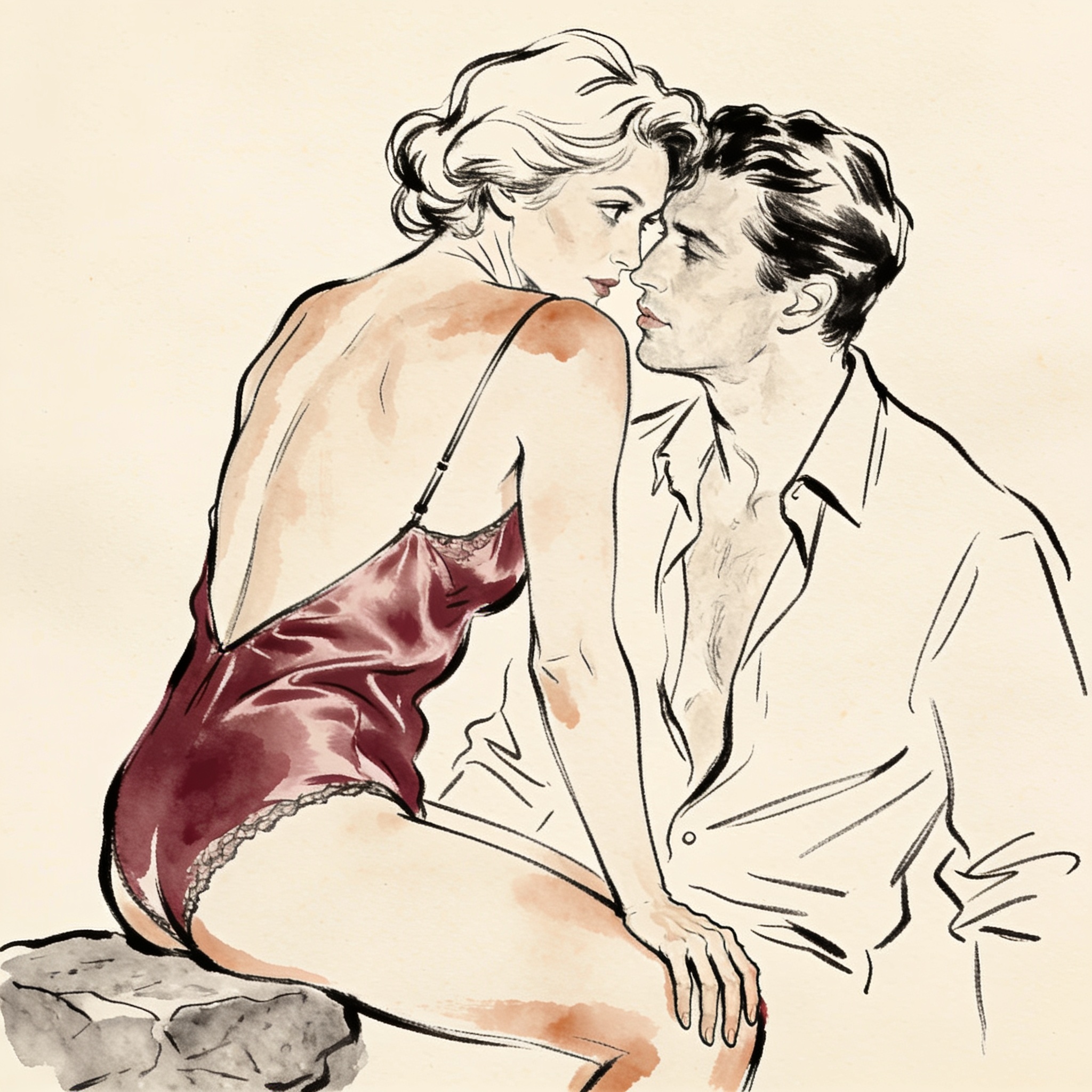 Two women share an intimate, longing moment in lingerie by the water.