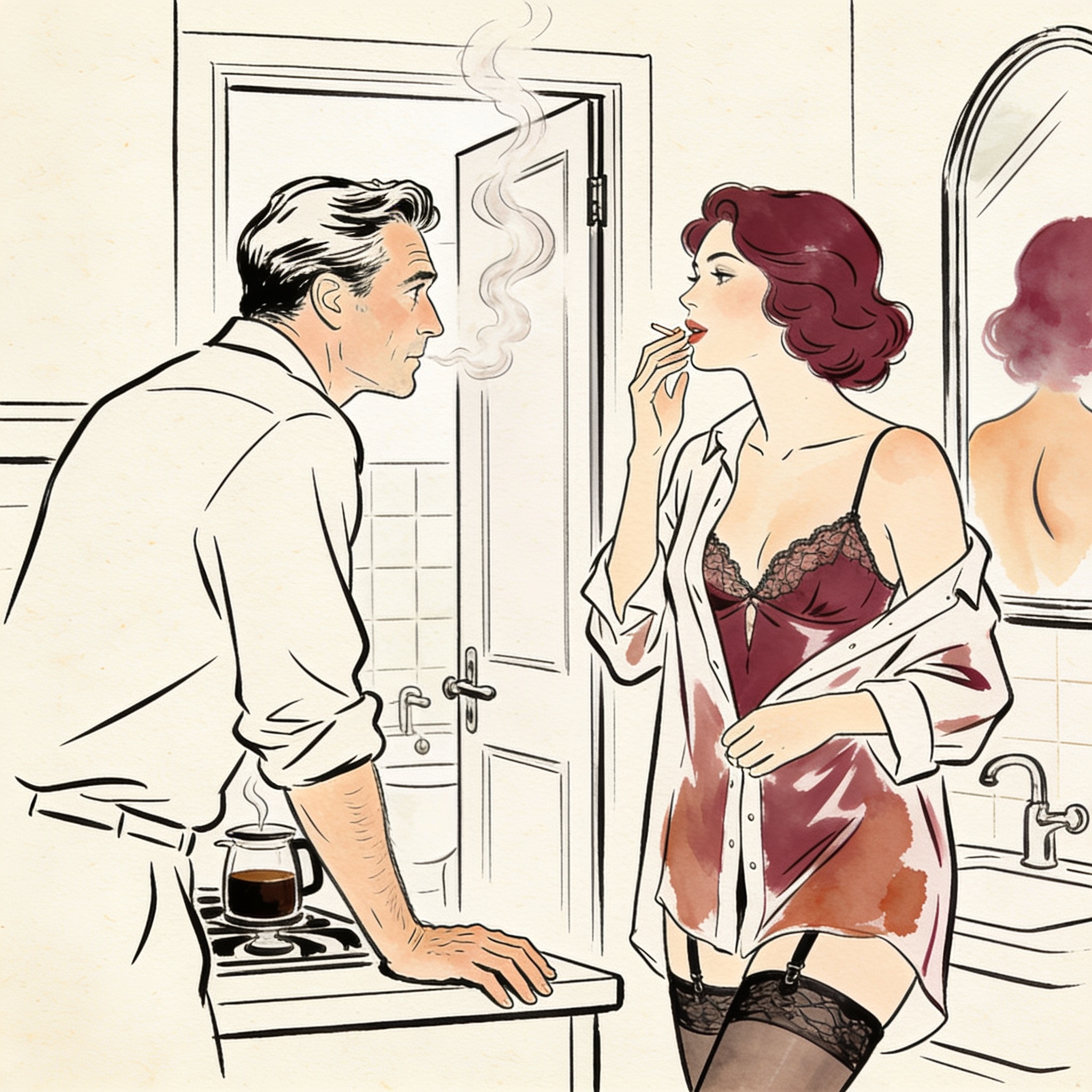 A man looks toward an open bathroom door, catching a glimpse of a bare shoulder in the ...