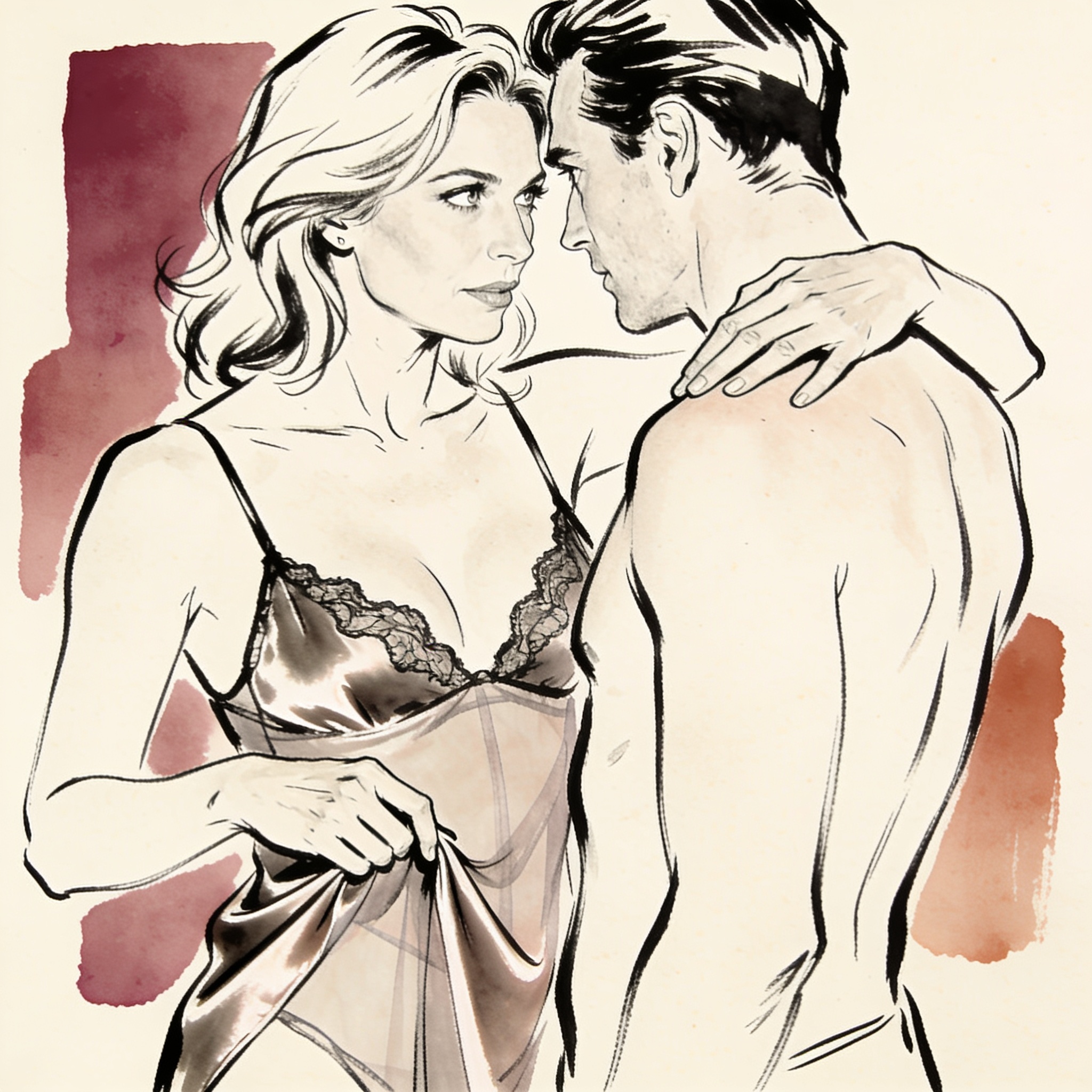 A couple shares a charged gaze, her hand at her slip, his on her bare shoulder.