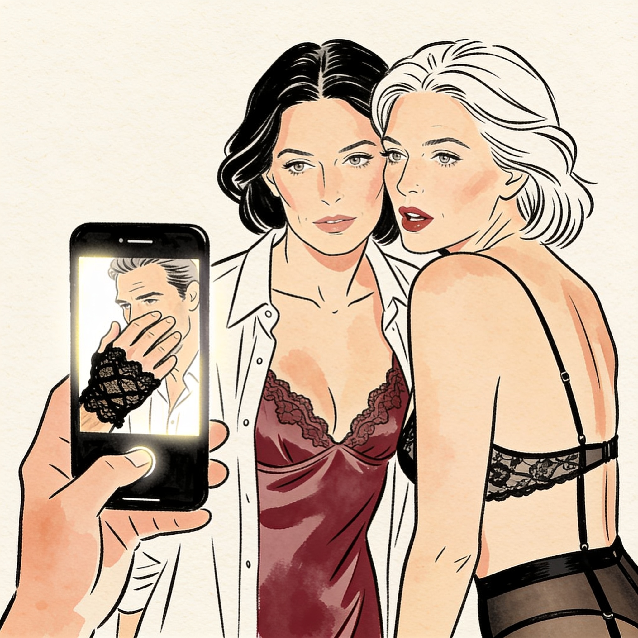 Two women lean close, captivated by an intimate image glowing on a phone screen.
