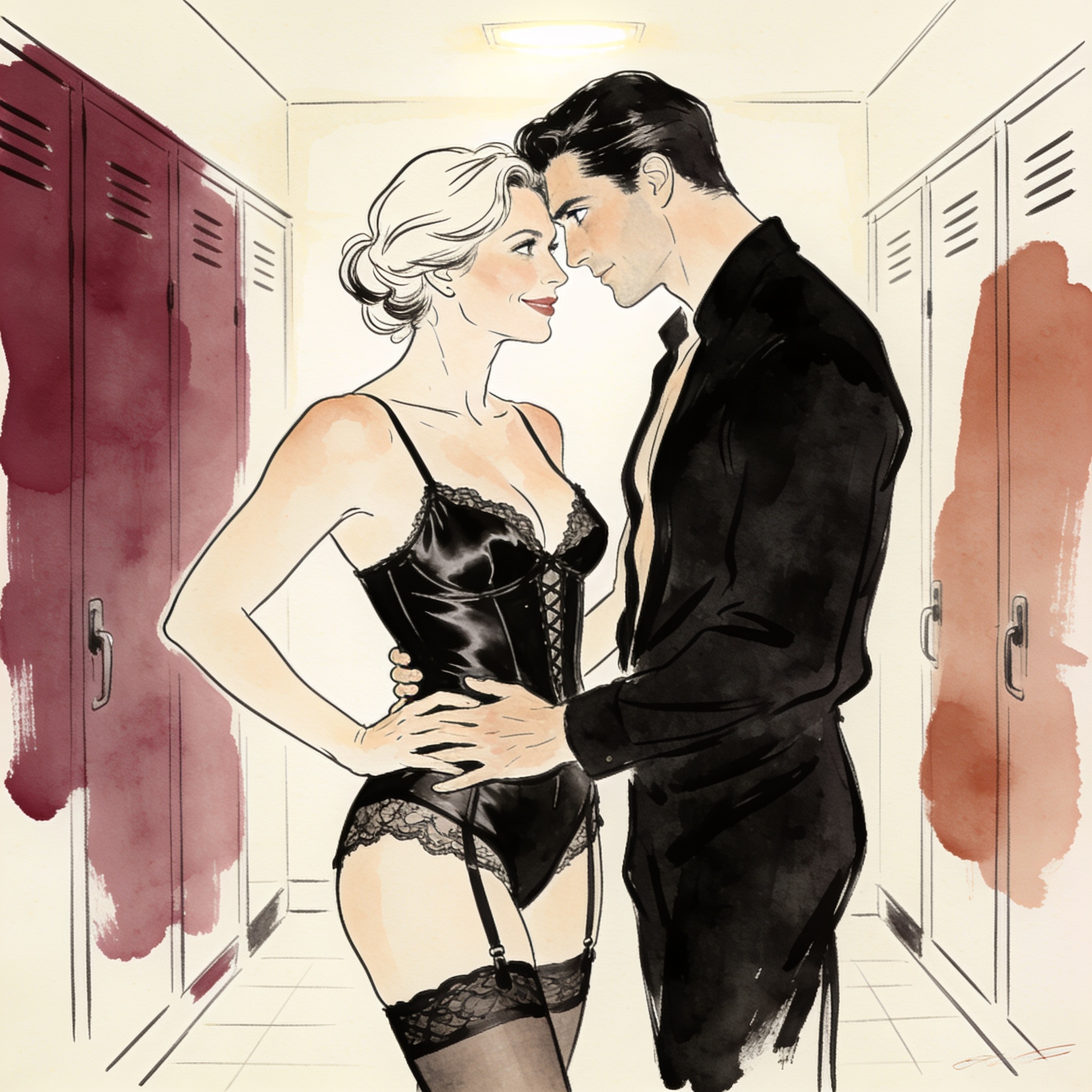 A woman in black lingerie meets a stranger's gaze in a dimly lit room.