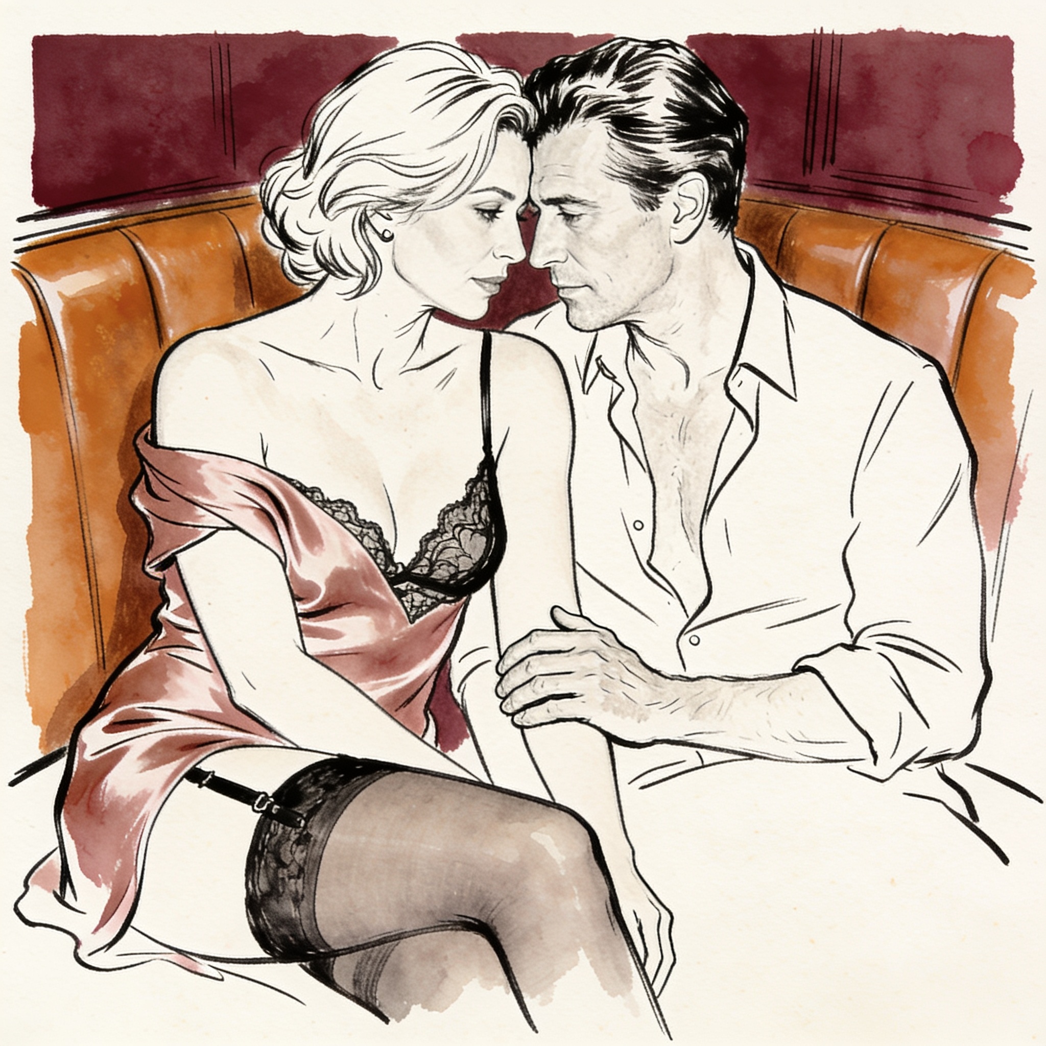 A woman and a man lean close together in a dimly lit bar, foreheads nearly touching.