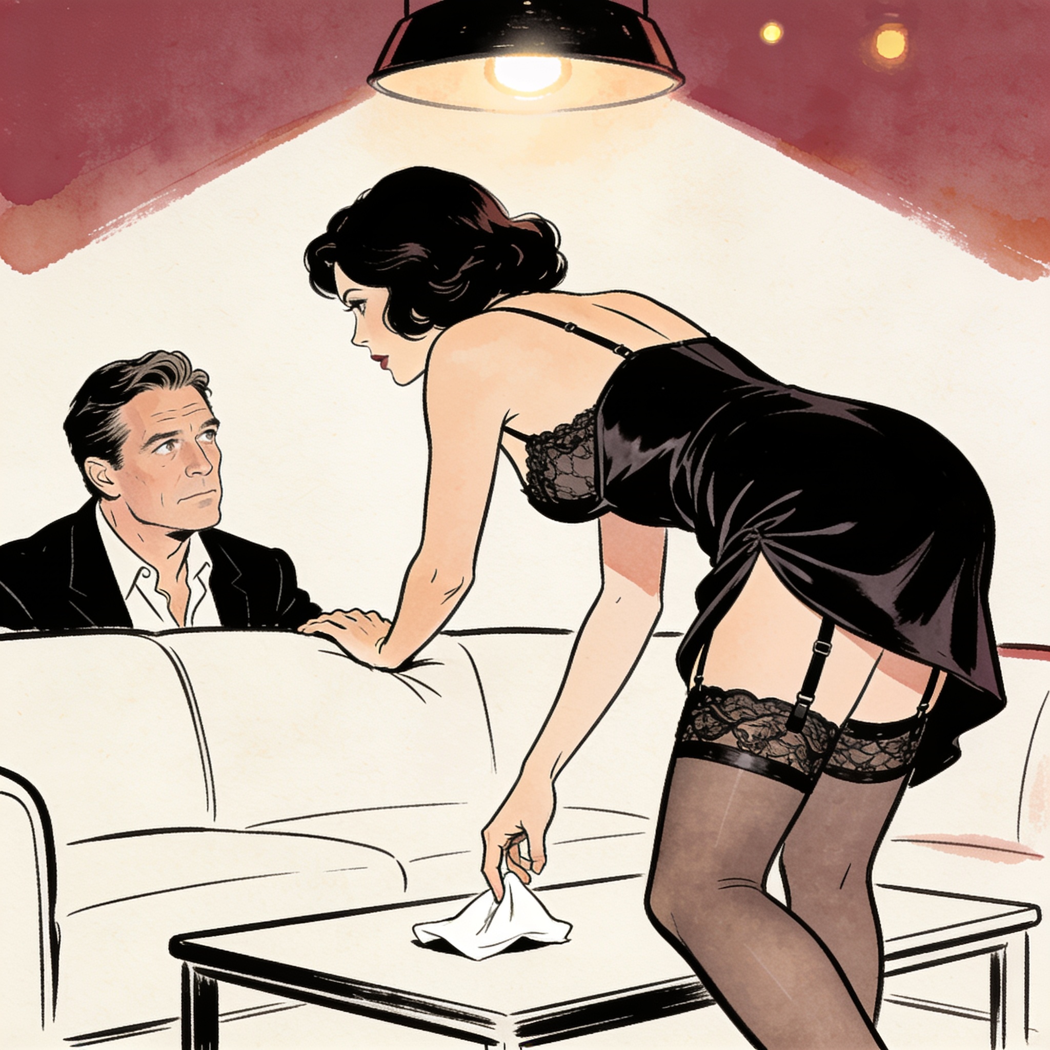 A woman in a short dress bends over, revealing lingerie straps, observed intently from ...