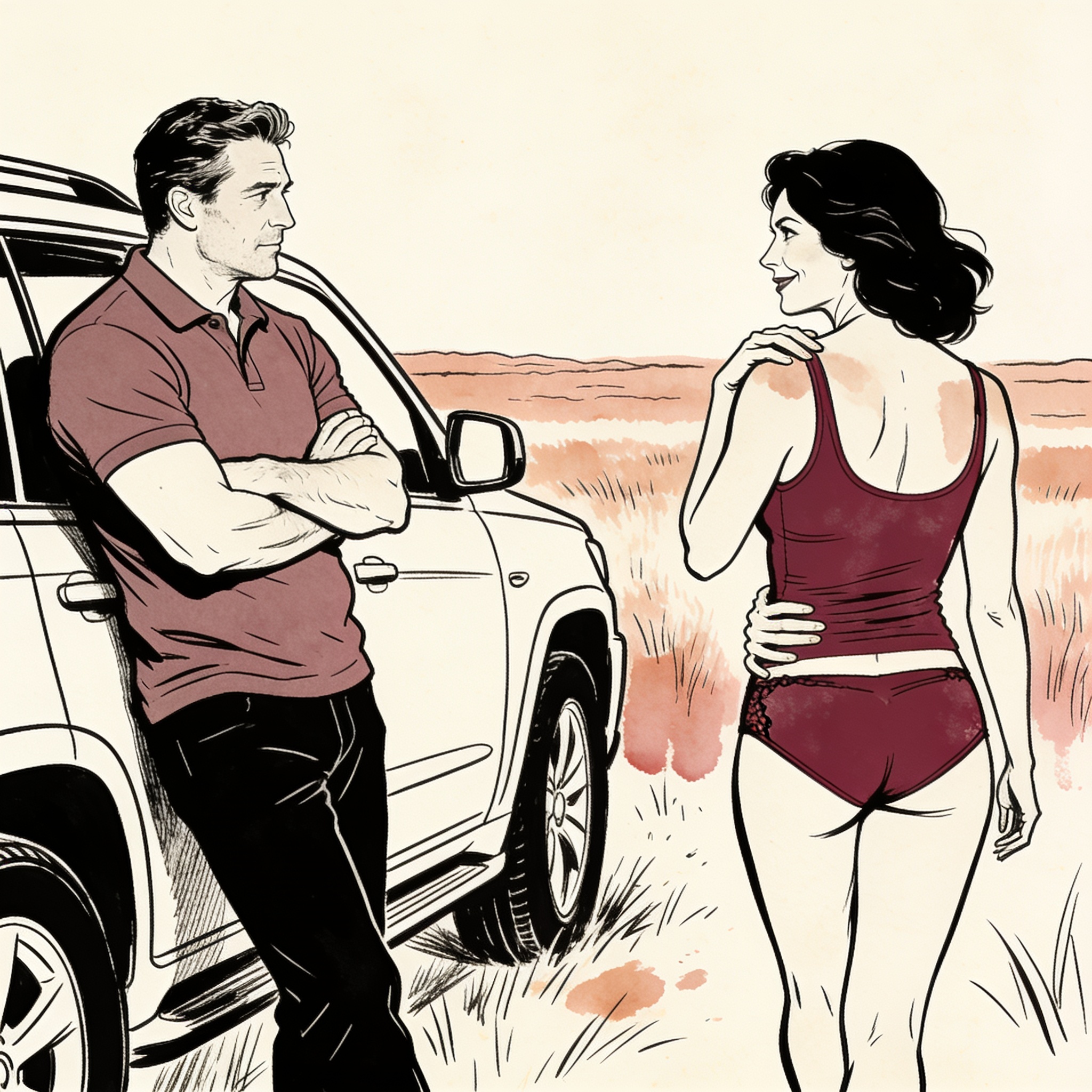 Athletic man and woman share a charged glance across a soccer field at dusk.