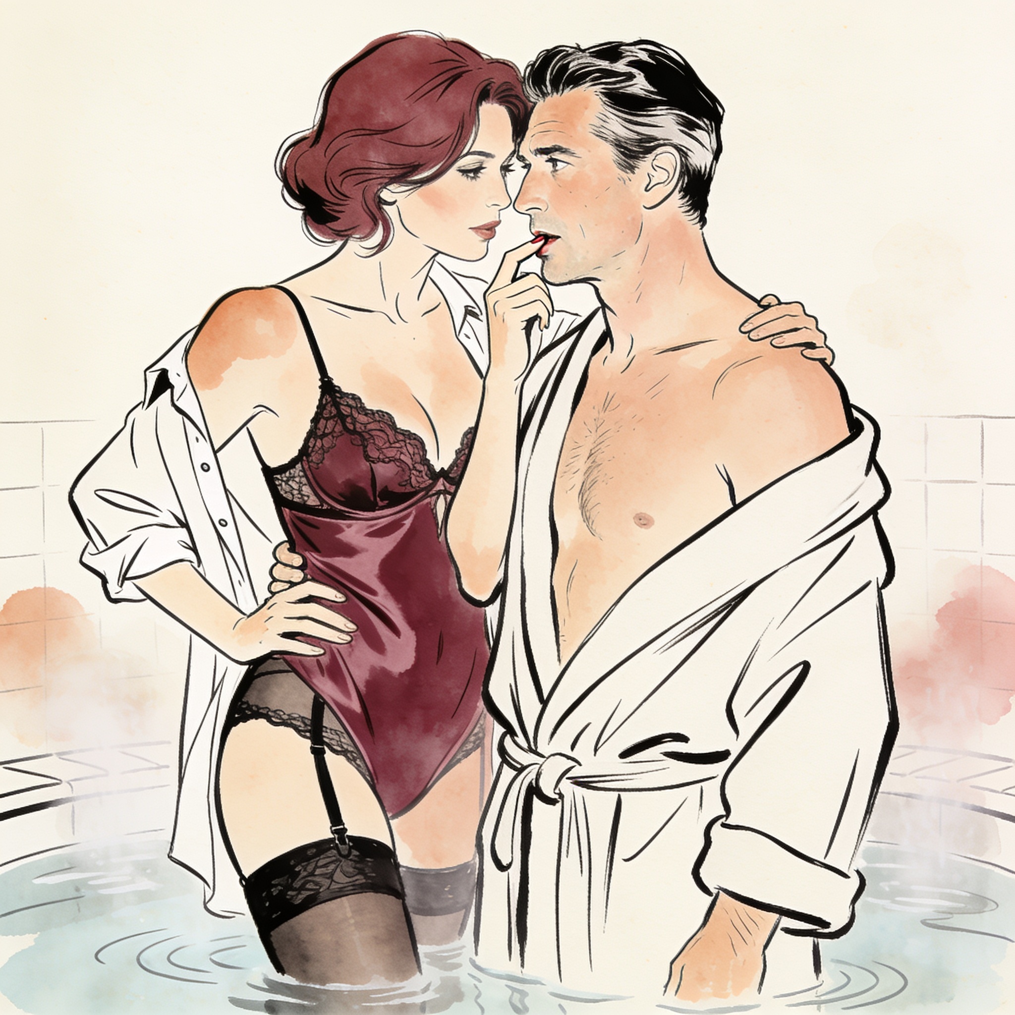 Woman's fingertip touches a man's lips in a steamy spa, conveying tense desire.
