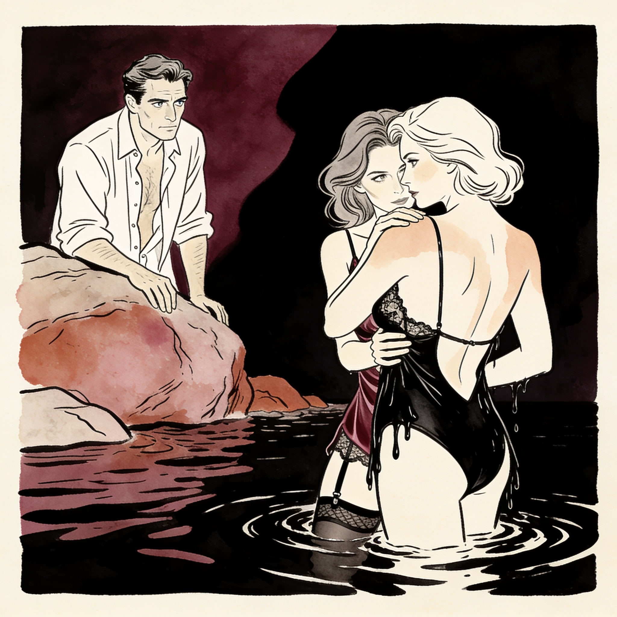A woman in a wet swimsuit faces a man's intense gaze at dusk in a cove.