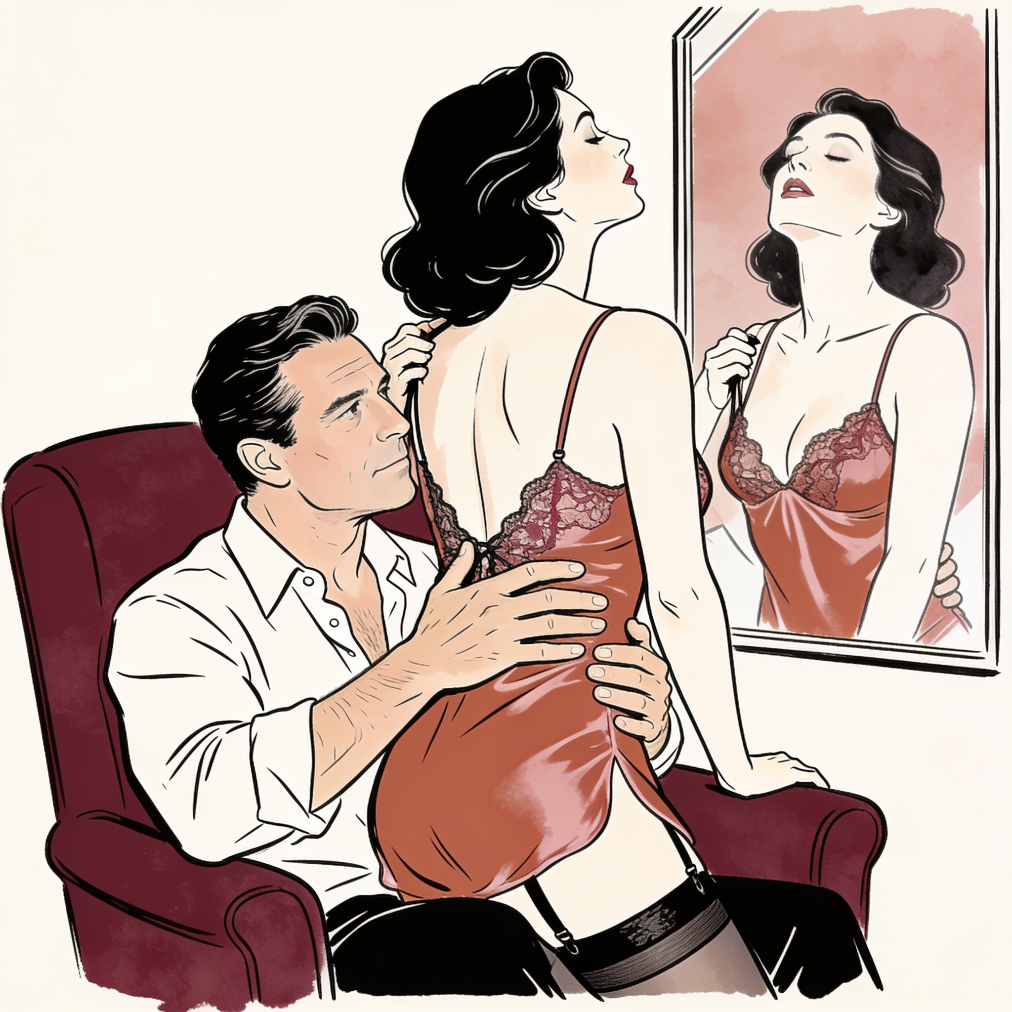 A couple in an intimate embrace, watching their reflection in a one-way mirror.