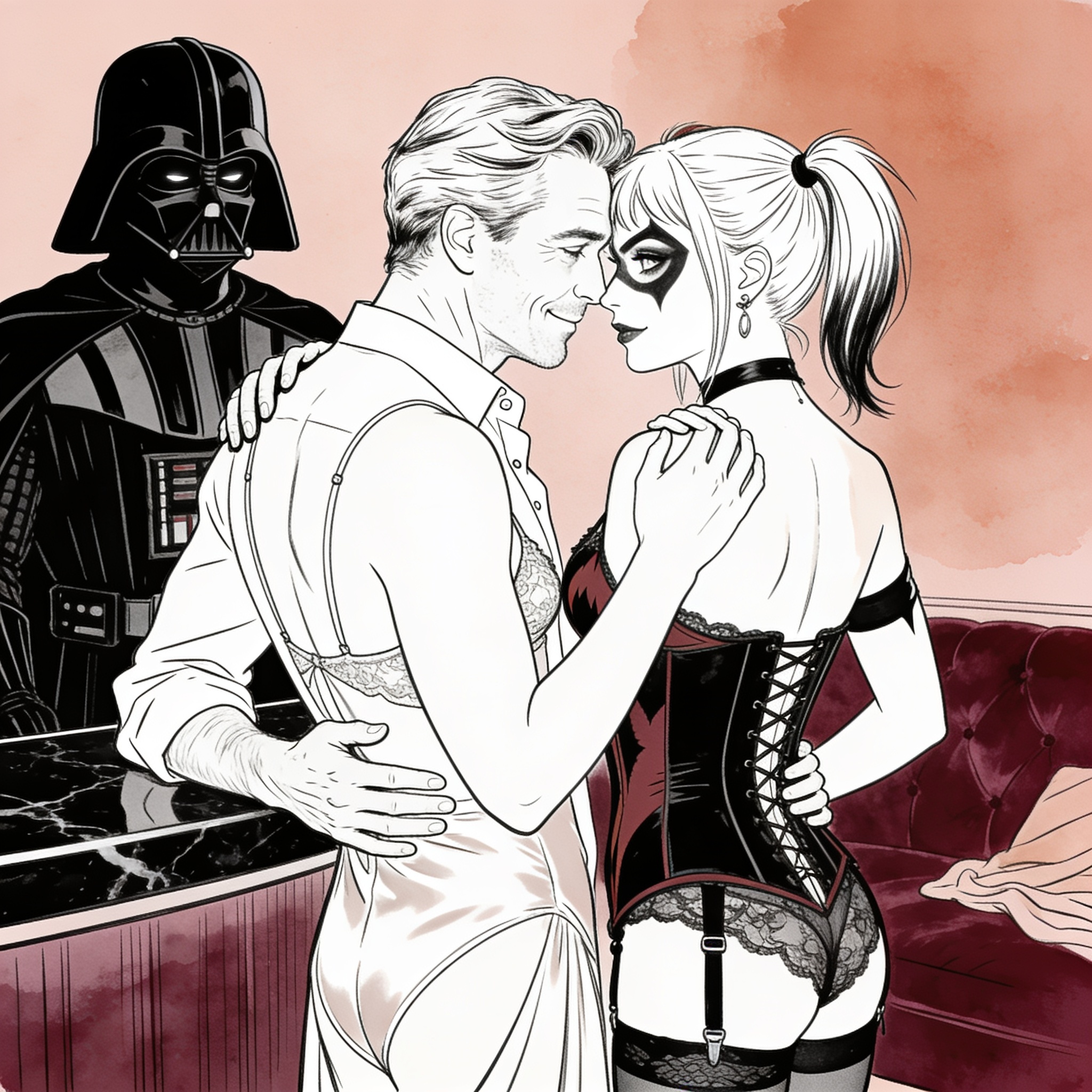 A couple at a bar, a man's hand on his corseted partner's back, watched intently by a d...