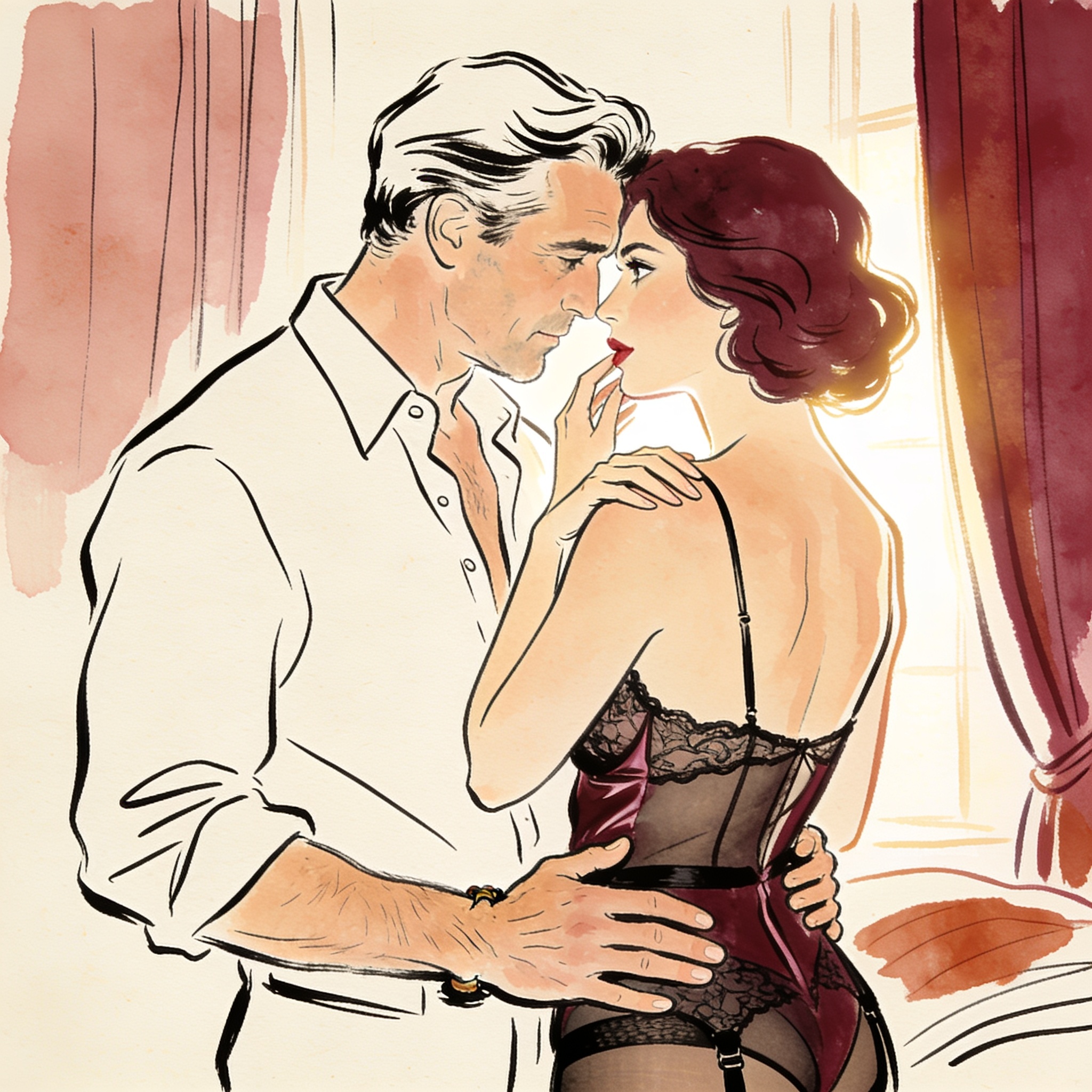 A woman guides her husband's hand to another man's hip in a sunlit hotel room.