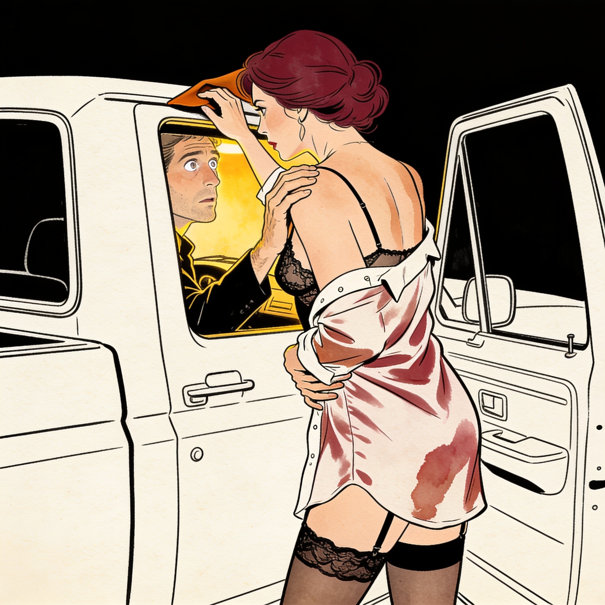 A woman watches a stranger's slow, deliberate hand through a truck window at a gas stat...
