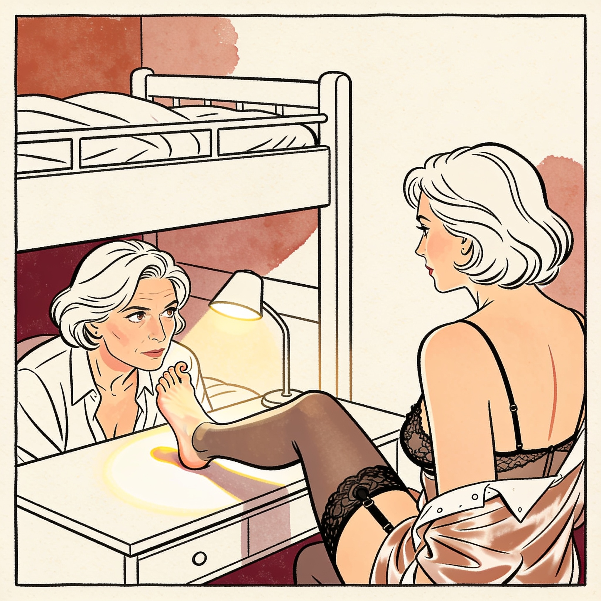 Woman in bunk stares intensely at roommate's bare foot resting on a desk under lamplight.