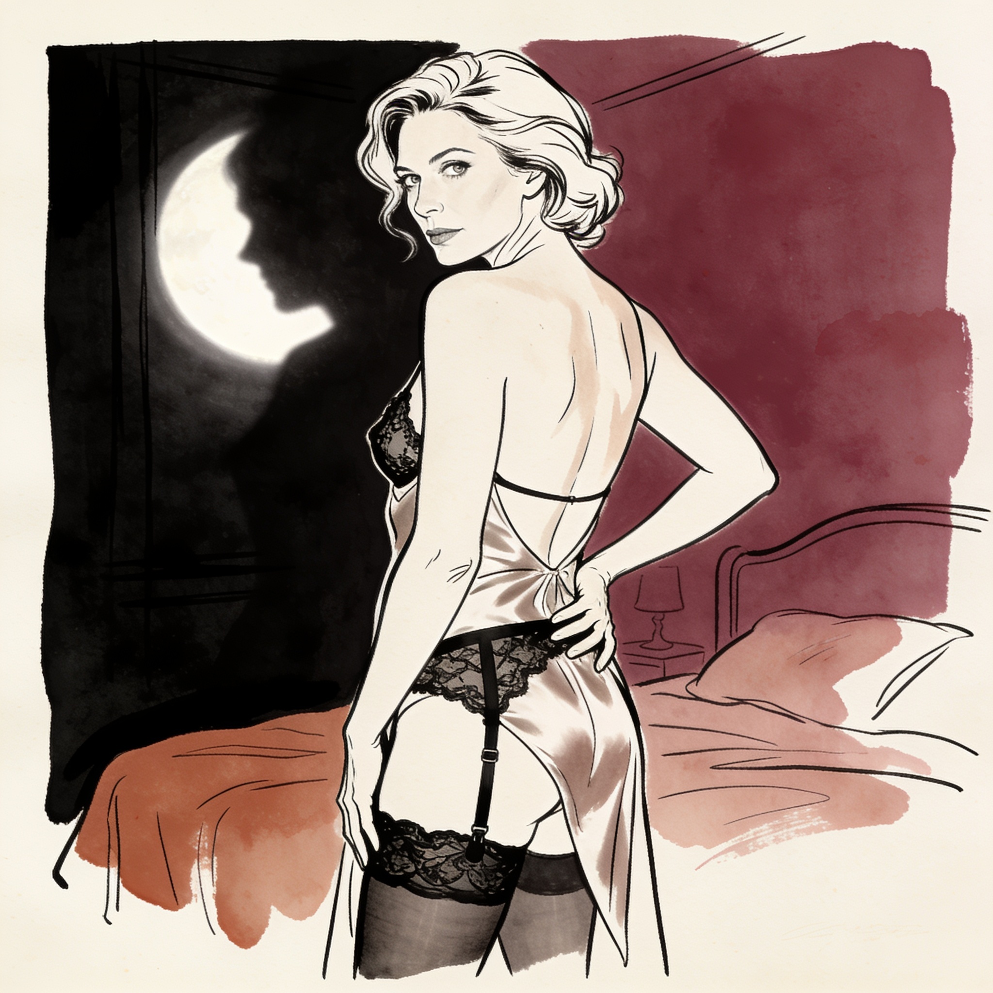 A nurse glances back, moonlight on her bare skin and black lingerie, a charged, intimat...