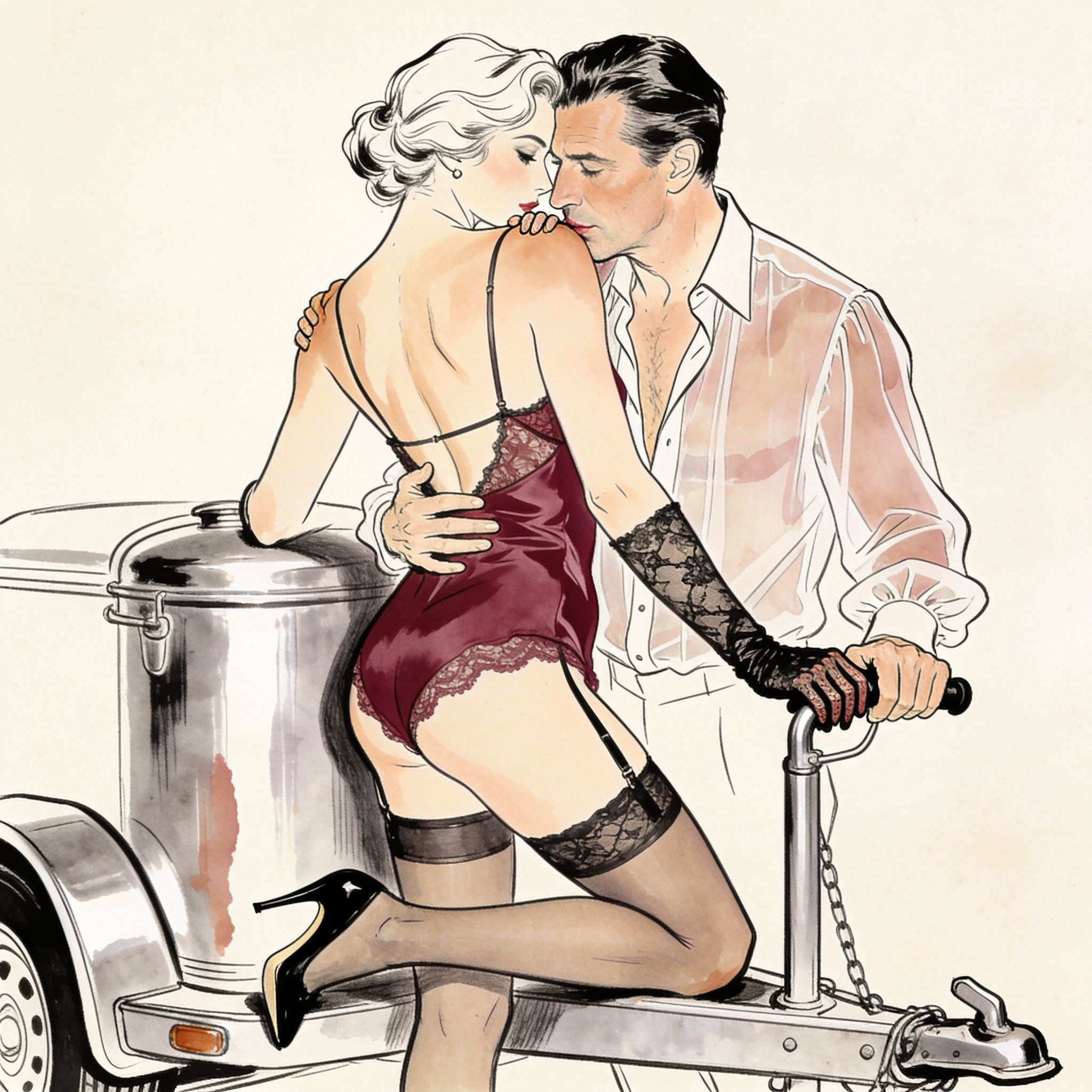 A woman leans back against a motorcycle as a man guides her hand, his lips near her sho...