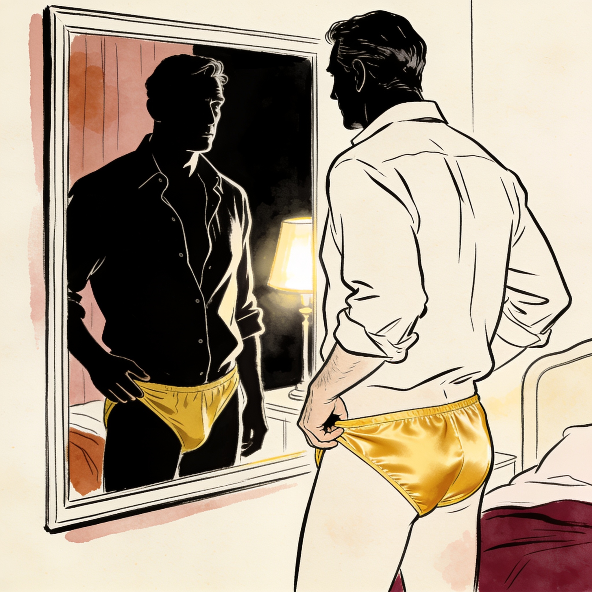 Man wearing women's yellow silk panties, looking at his reflection.