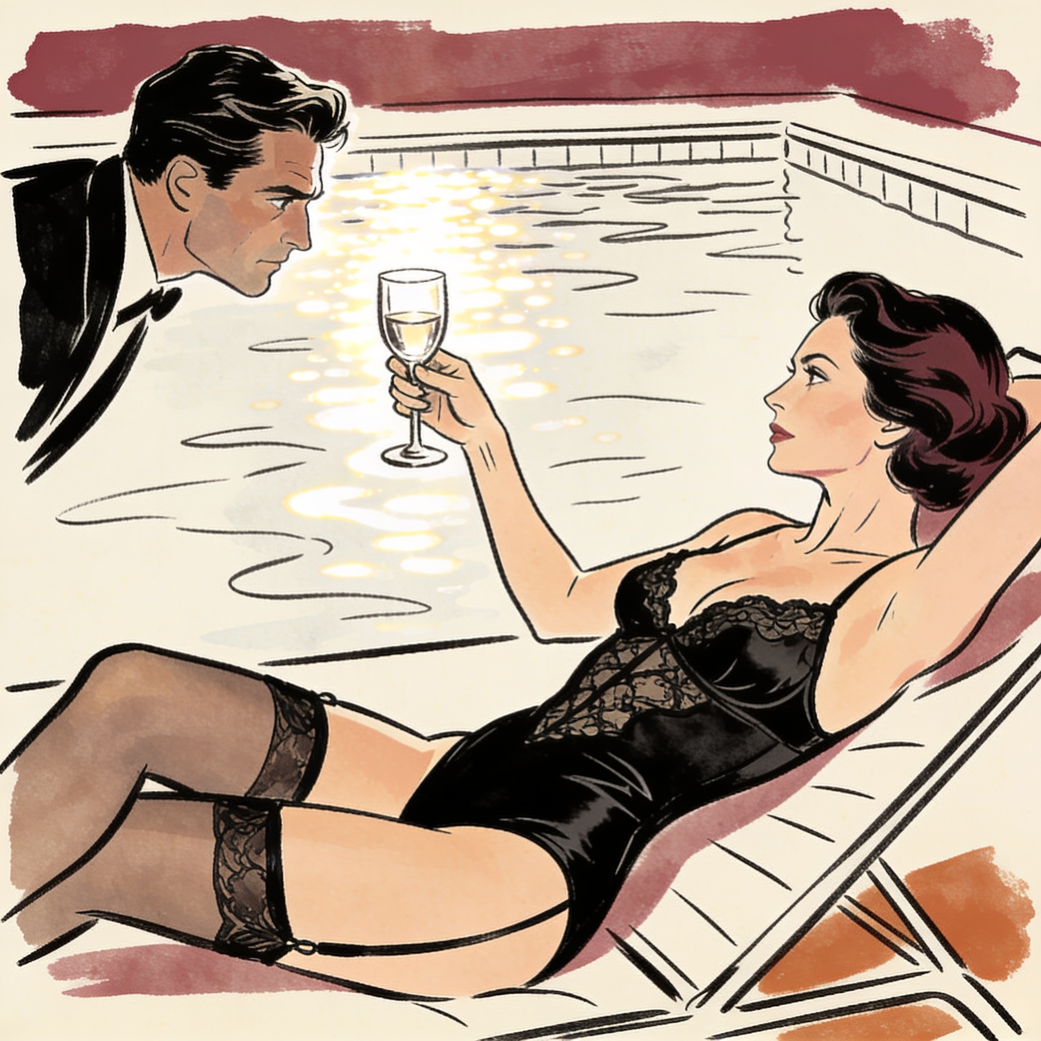 Woman in black lace lingerie toasts a man with a charged gaze by a sunlit pool.