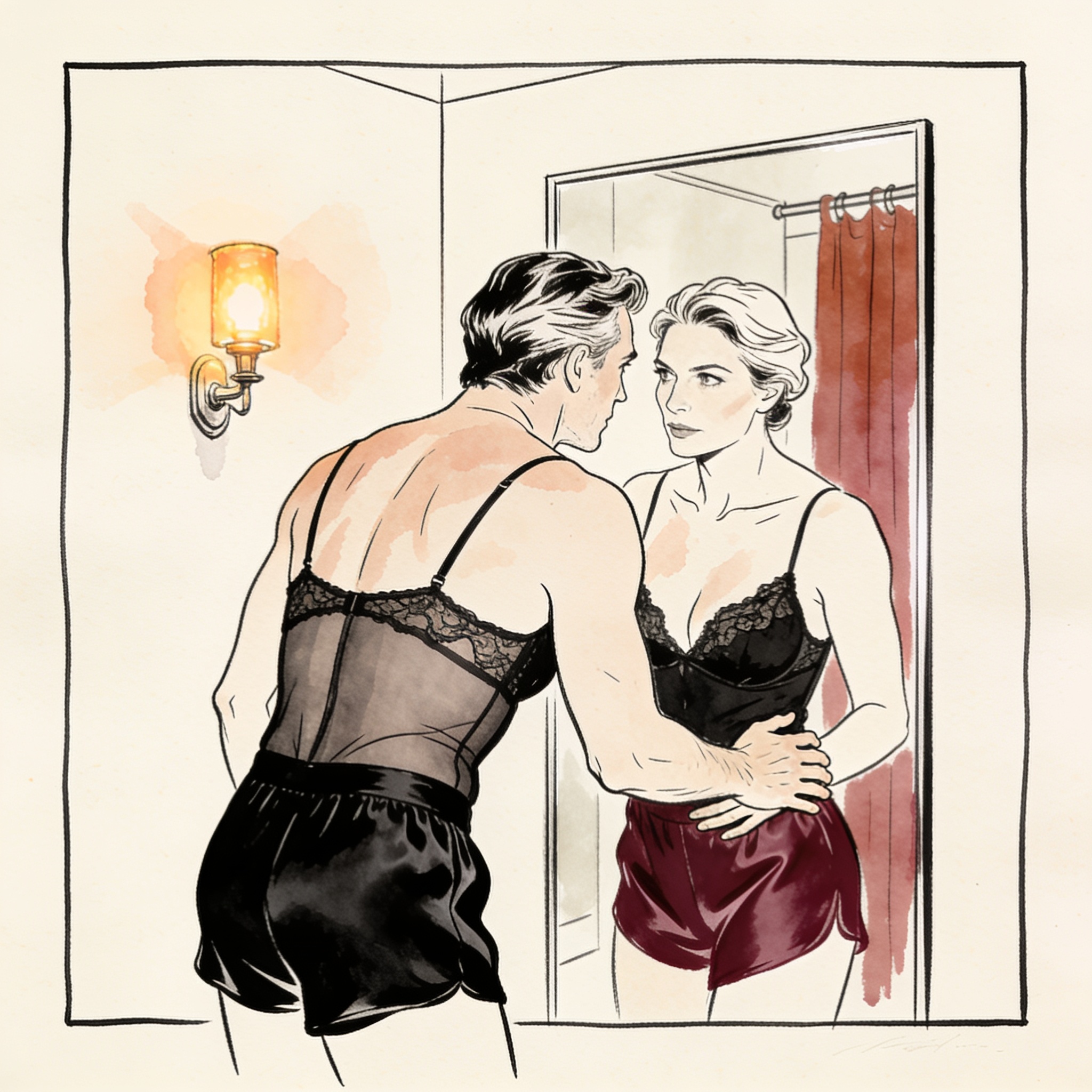 Two people in lingerie embrace intimately in a fitting room mirror.